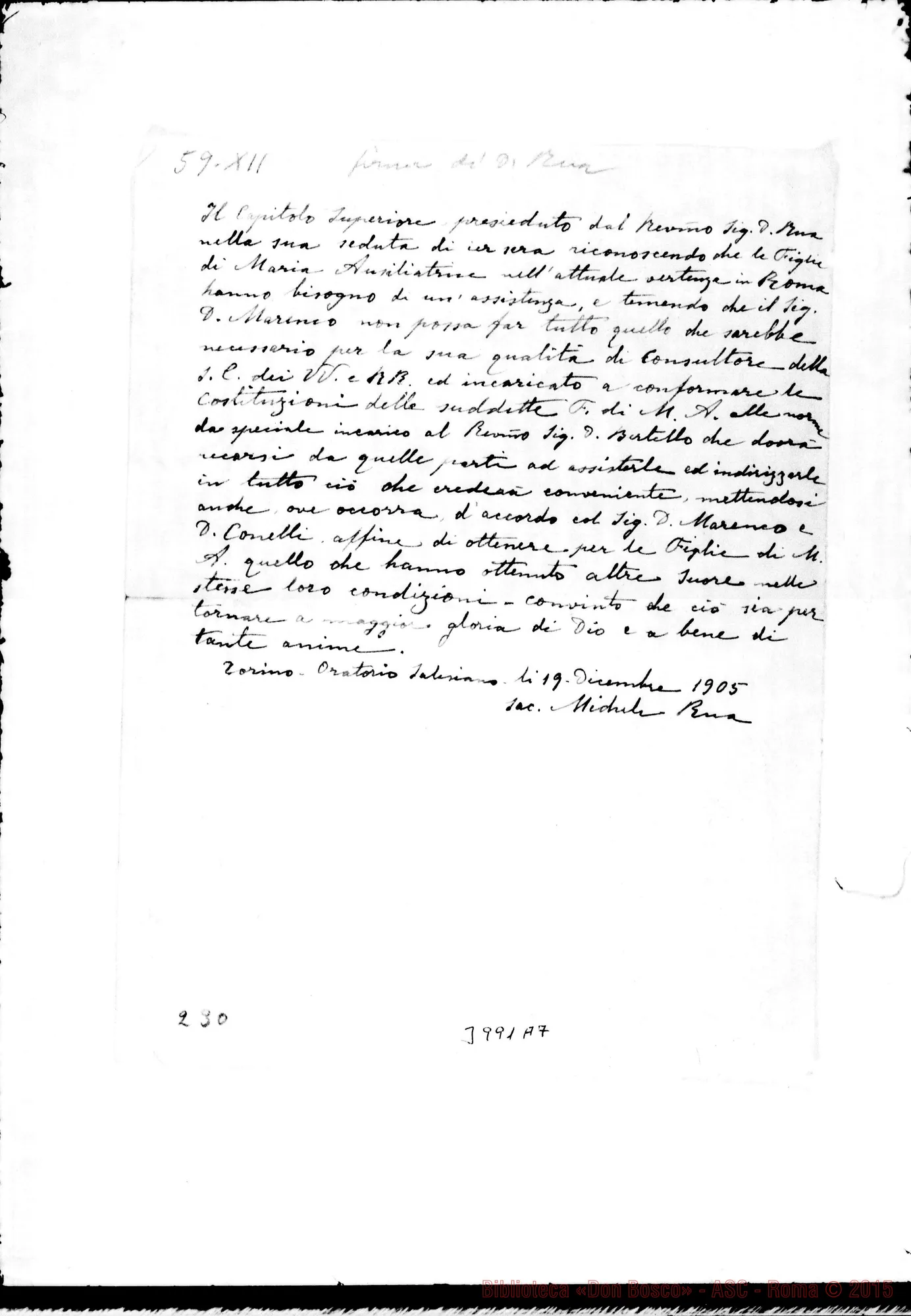 Fotogramma A 7 — 19-12-1905: Don Bertello, consultore delle Suore. Ms. allogr.