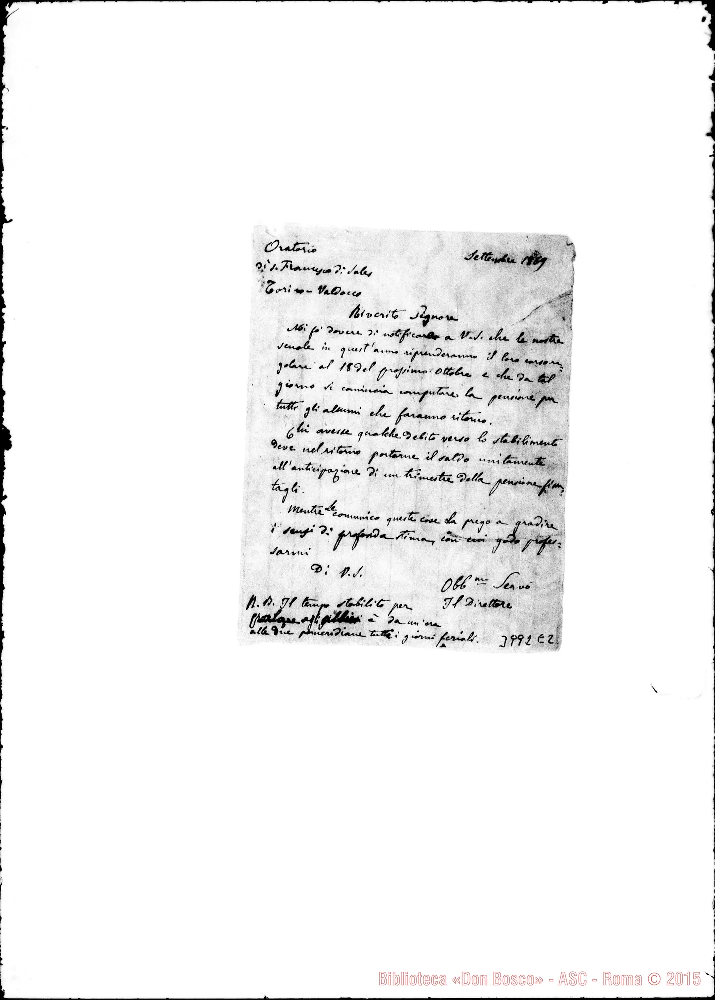 Fotogramma E 2 — 09-1869: Per riprendere il corso scolastico. Ms. autogr. Rua