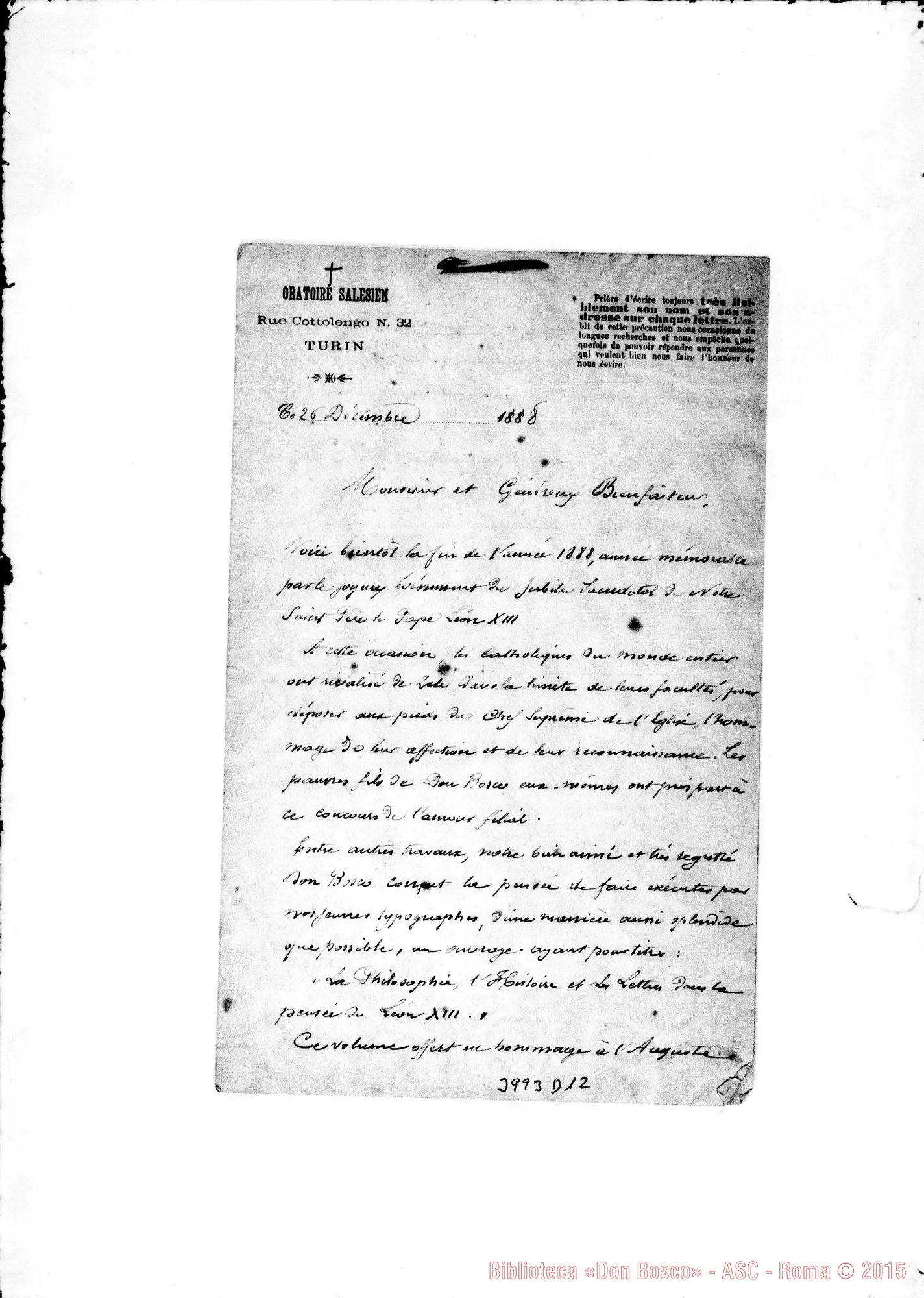 Fotogramma D 12 — 26-12- Minuta di lettera in francese. Ms. allogr.