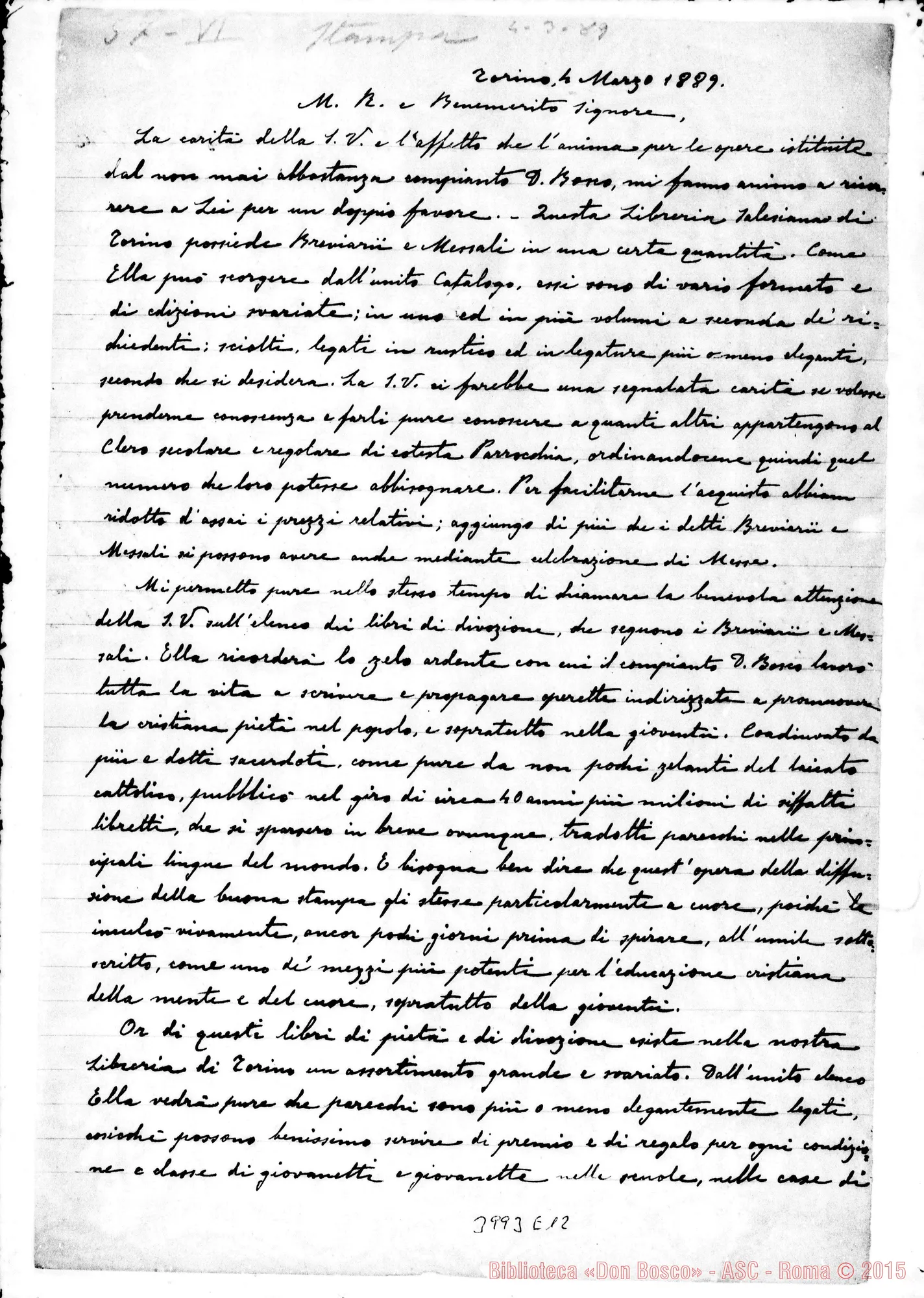 Fotogramma E 12 — 4-03-1889: Per diffondere libri di devozione E pietà. Ms. allogr. E stampato