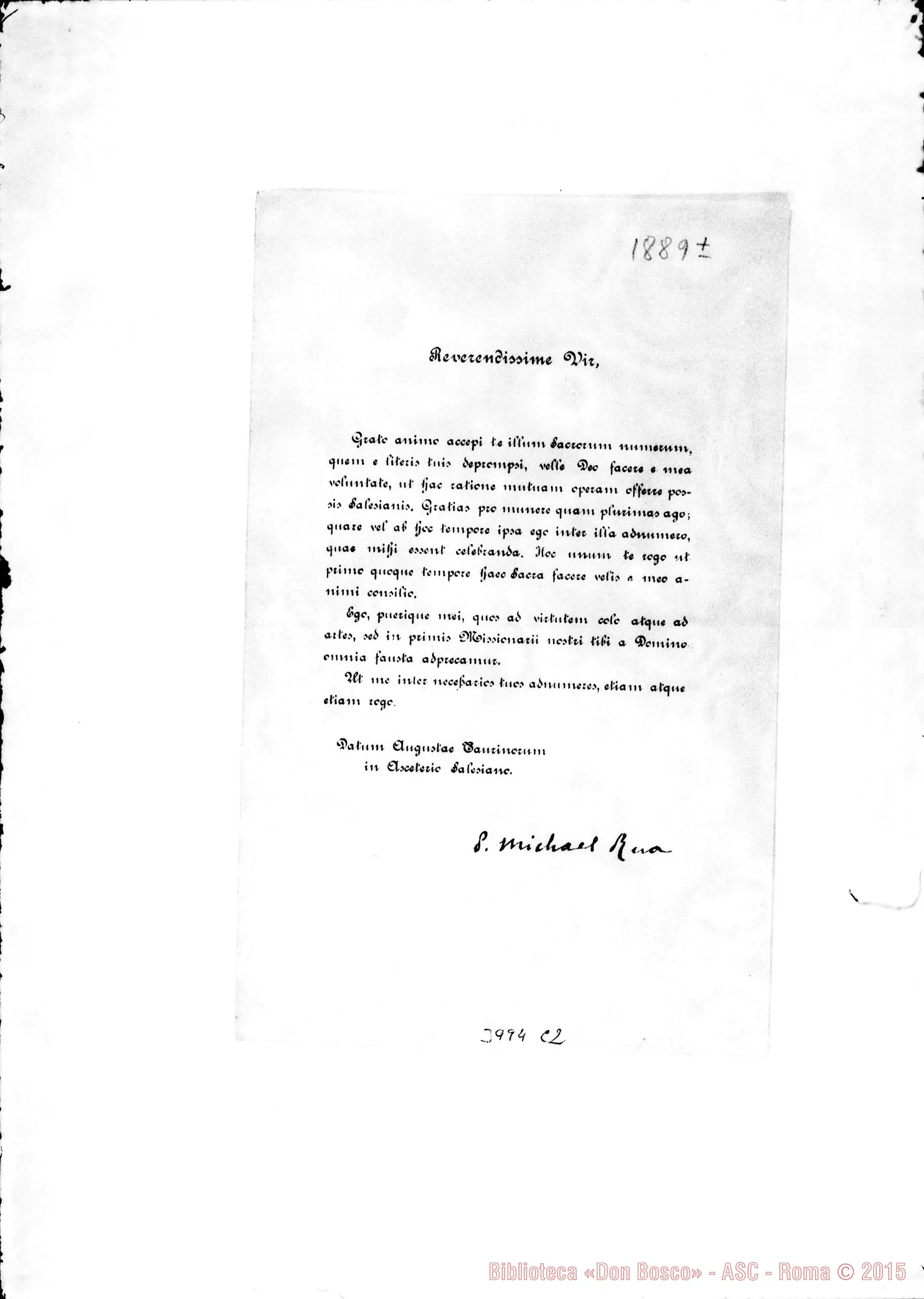 Fotogramma C 2 — 1889: Ringraziamenti, in lingua latina. Stampato
