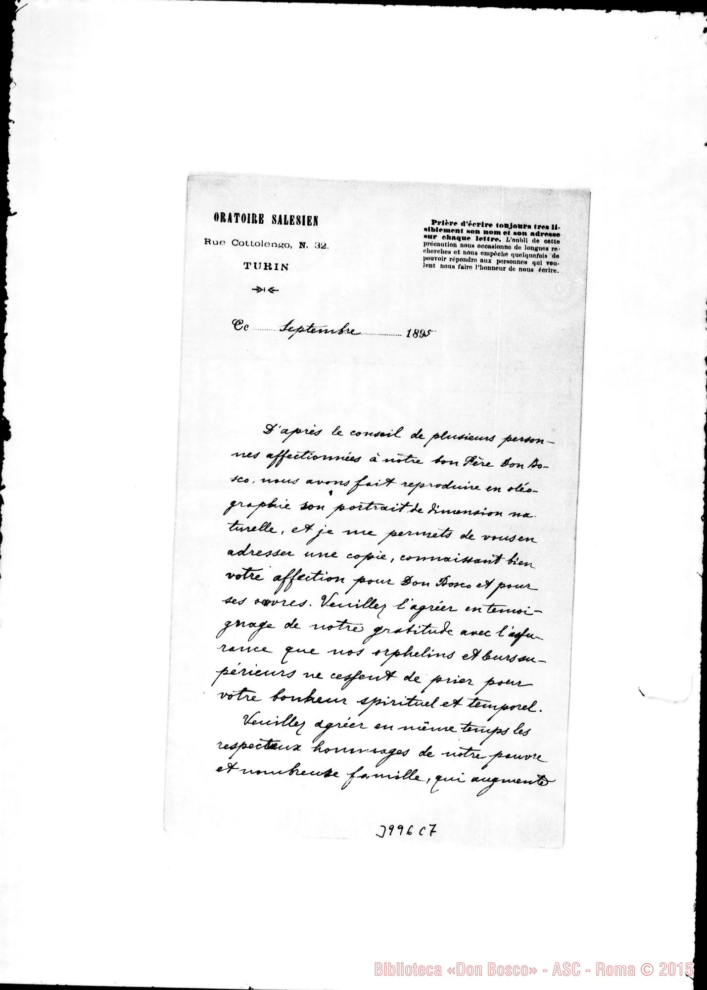 Fotogramma C 7 — 09- Oleografia di D. Bosco. Ms. allogr. in francese con firma autogr. Rua. Quattro copie