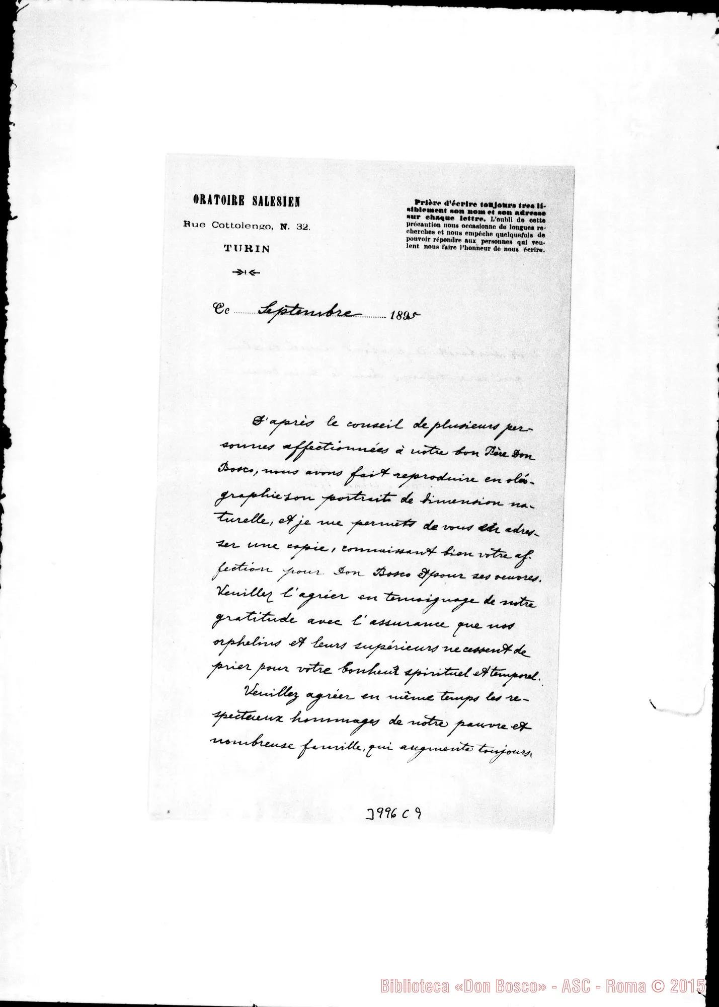 Fotogramma C 9 — 09- Oleografia di D. Bosco. Ms. allogr. in francese con firma autogr. Rua. Quattro copie