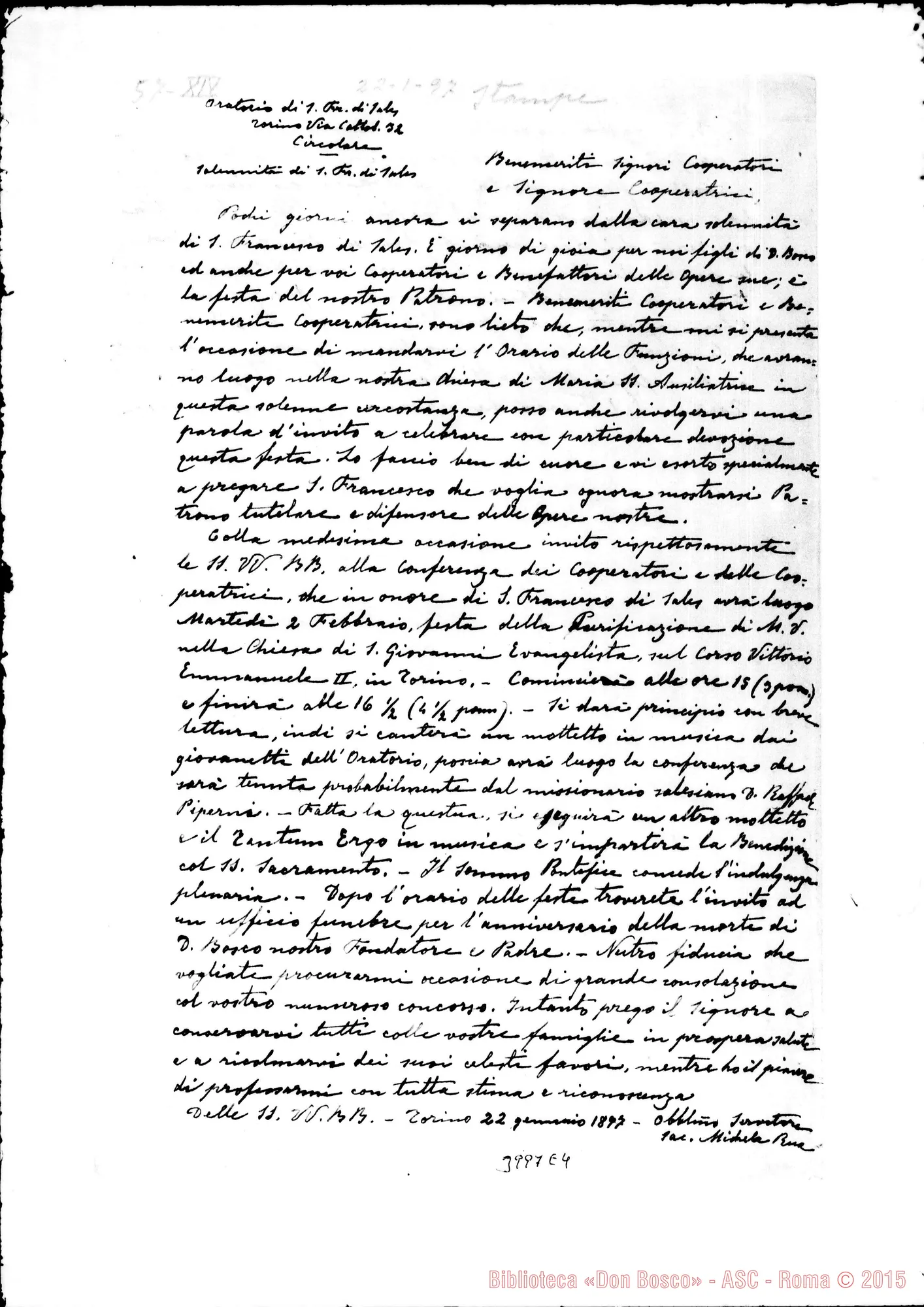 Fotogramma E 4 — 22-01-1897: Per la Festa di S. Francesco di Sales. Ms. allogr. E stampato