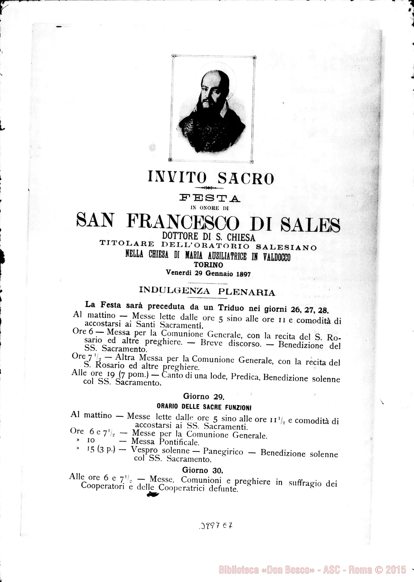 Fotogramma E 7 — 22-01-1897: Per la Festa di S. Francesco di Sales. Ms. allogr. E stampato
