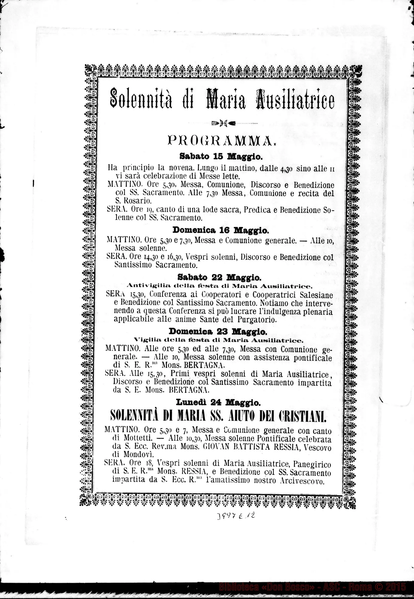 Fotogramma E 12 — 15-05- Per.la solennità di Maria Ausiliatrice. Ms. allogr. E stampato