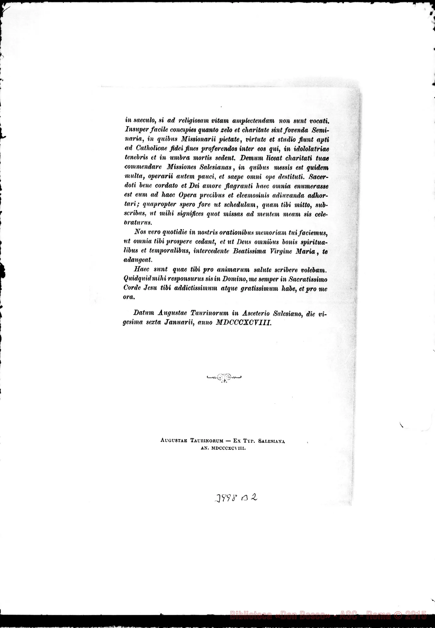 Fotogramma B 2 — 26-01-1898: Richiesta di intenzioni di Messe. Stampato, in lingua latina