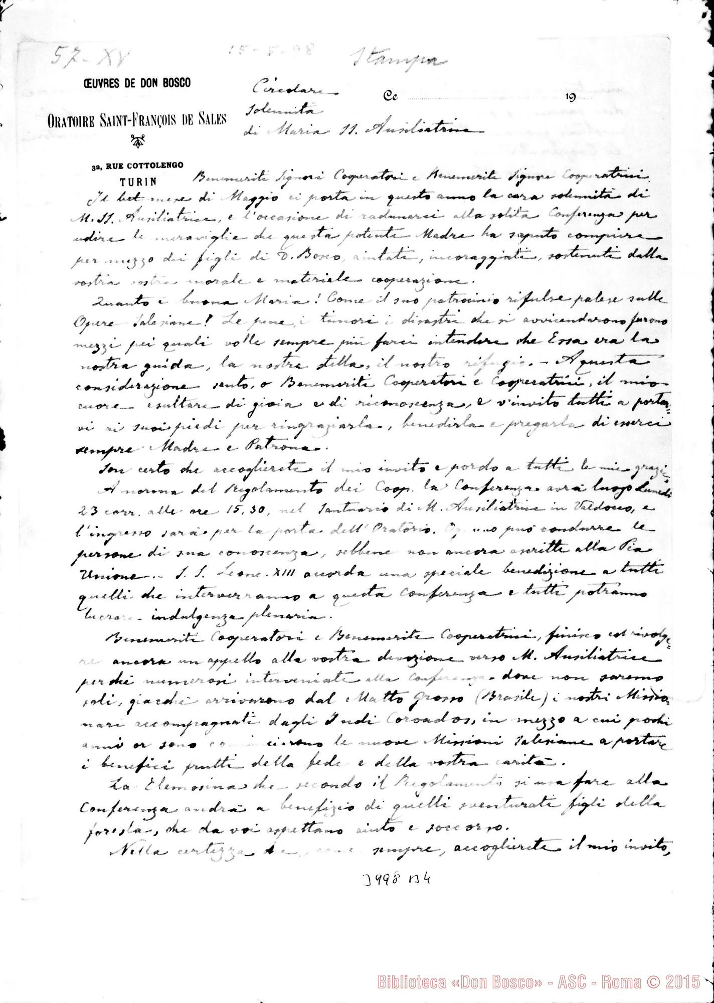 Fotogramma B 4 — 15-05- Per la solennità di Maria Ausiliatrice. Ms. allogr. E stampato