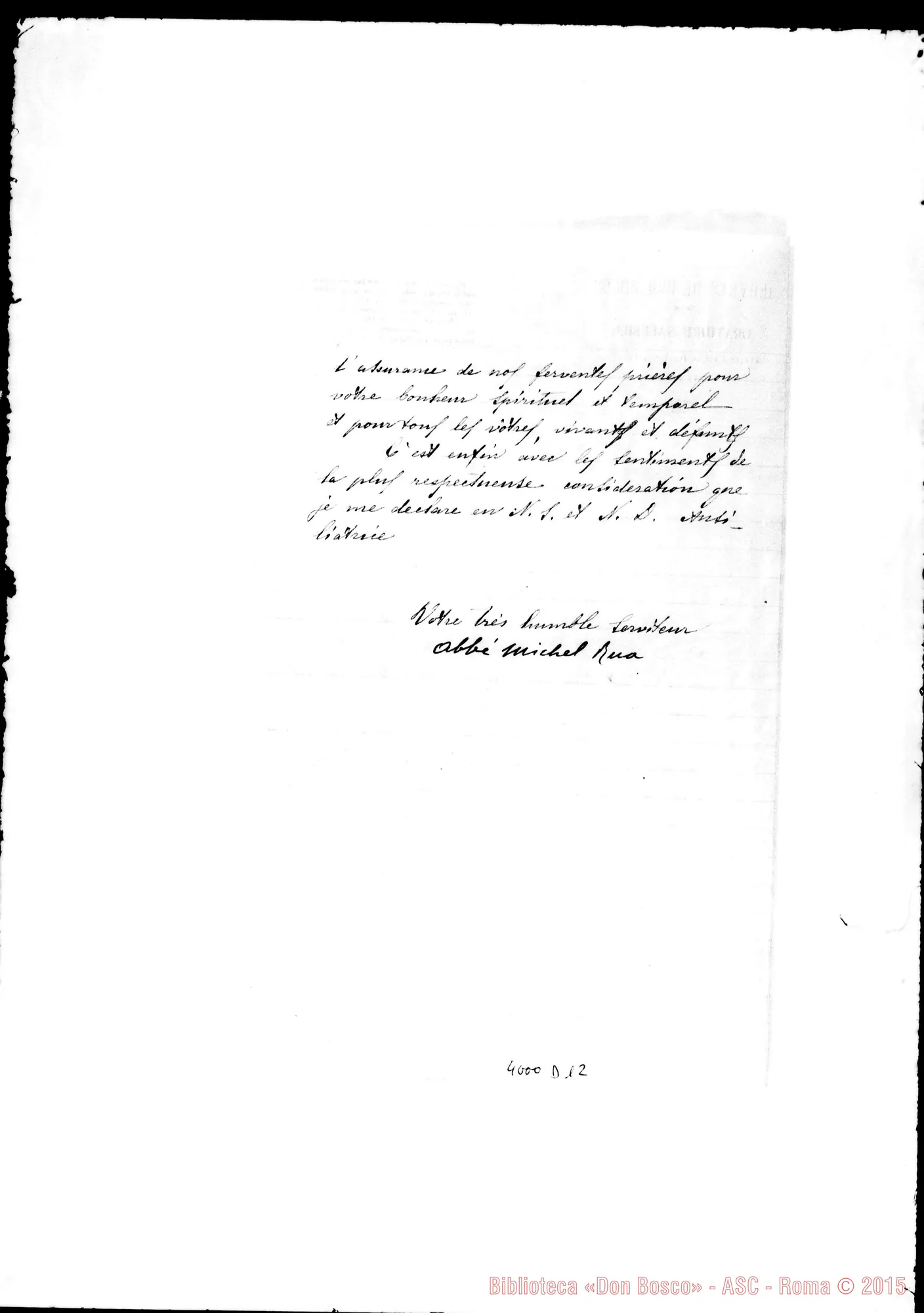 Fotogramma D 12 — 29-01- Lettera in francese con firma autogr. Rua. Ms. allogr.