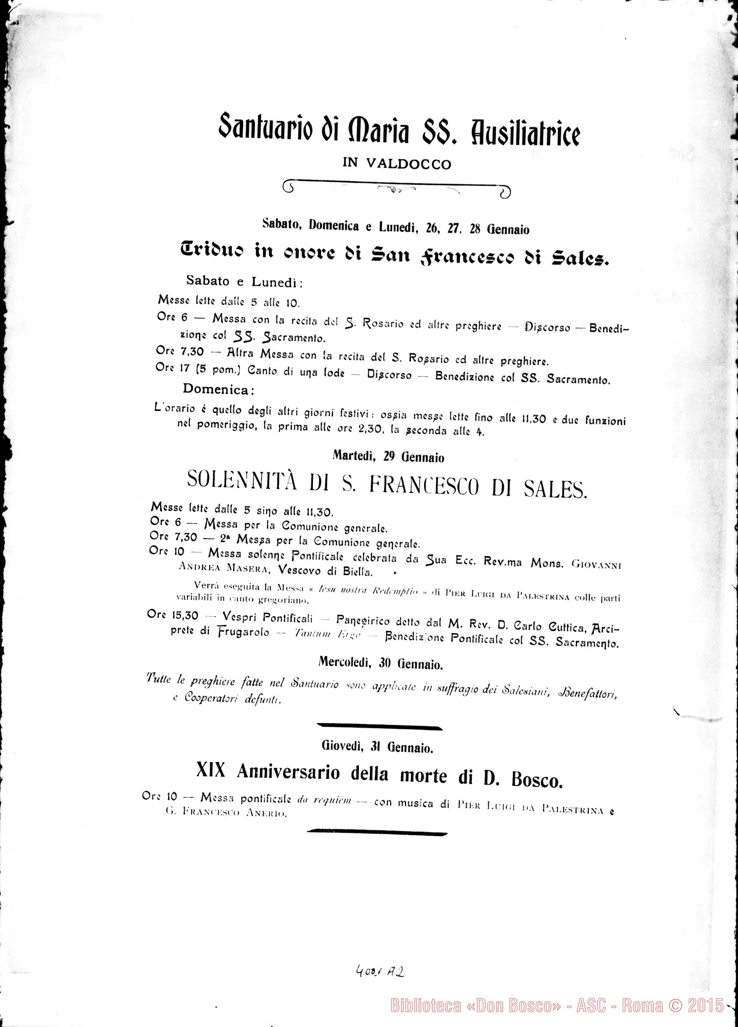 Fotogramma A 2 — 22-01- Celebrazione della Festa di S. Francesco di Sales. Ms. E stampato.