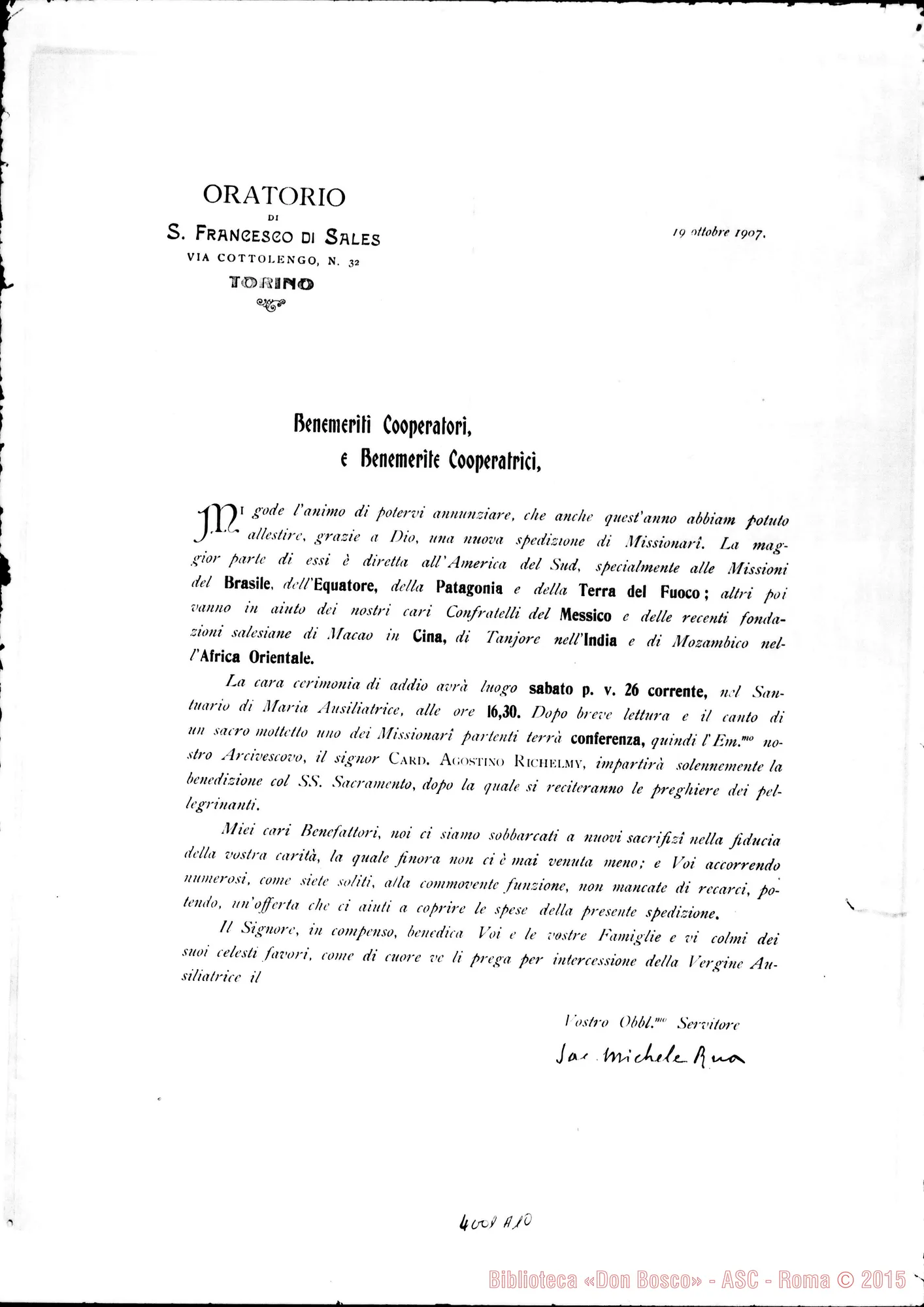Fotogramma A 10 — 19-10- Partenza di Missionari. Ms. allogr. E stampato