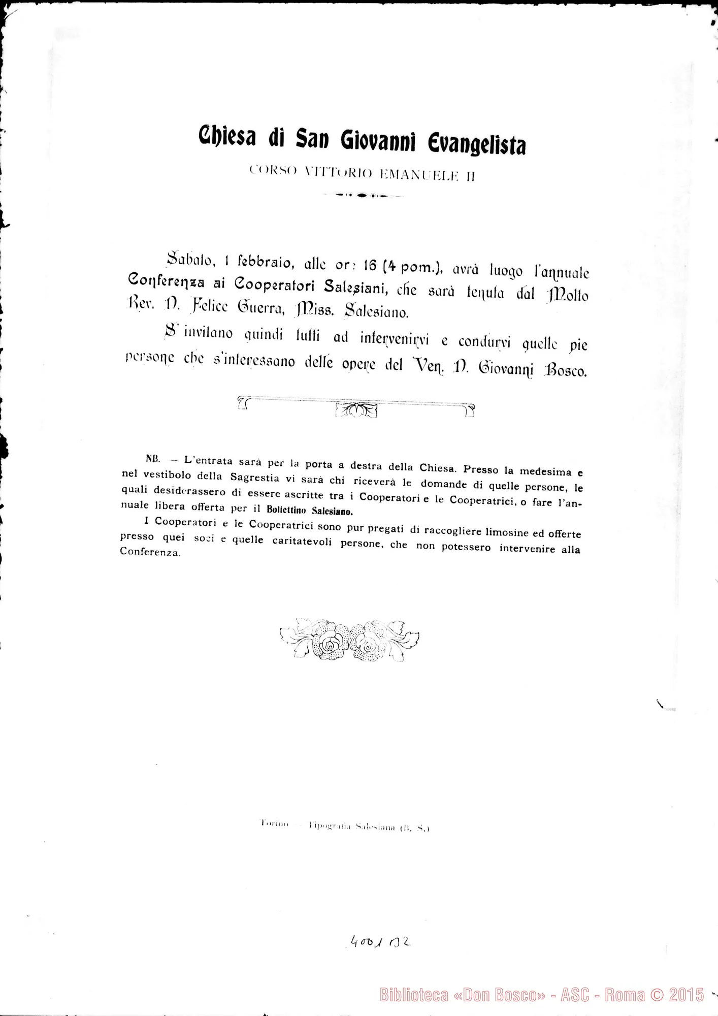 Fotogramma B 2 — 24-01-1908: Festa di S. Francesco E conferenza annuale. Stampato