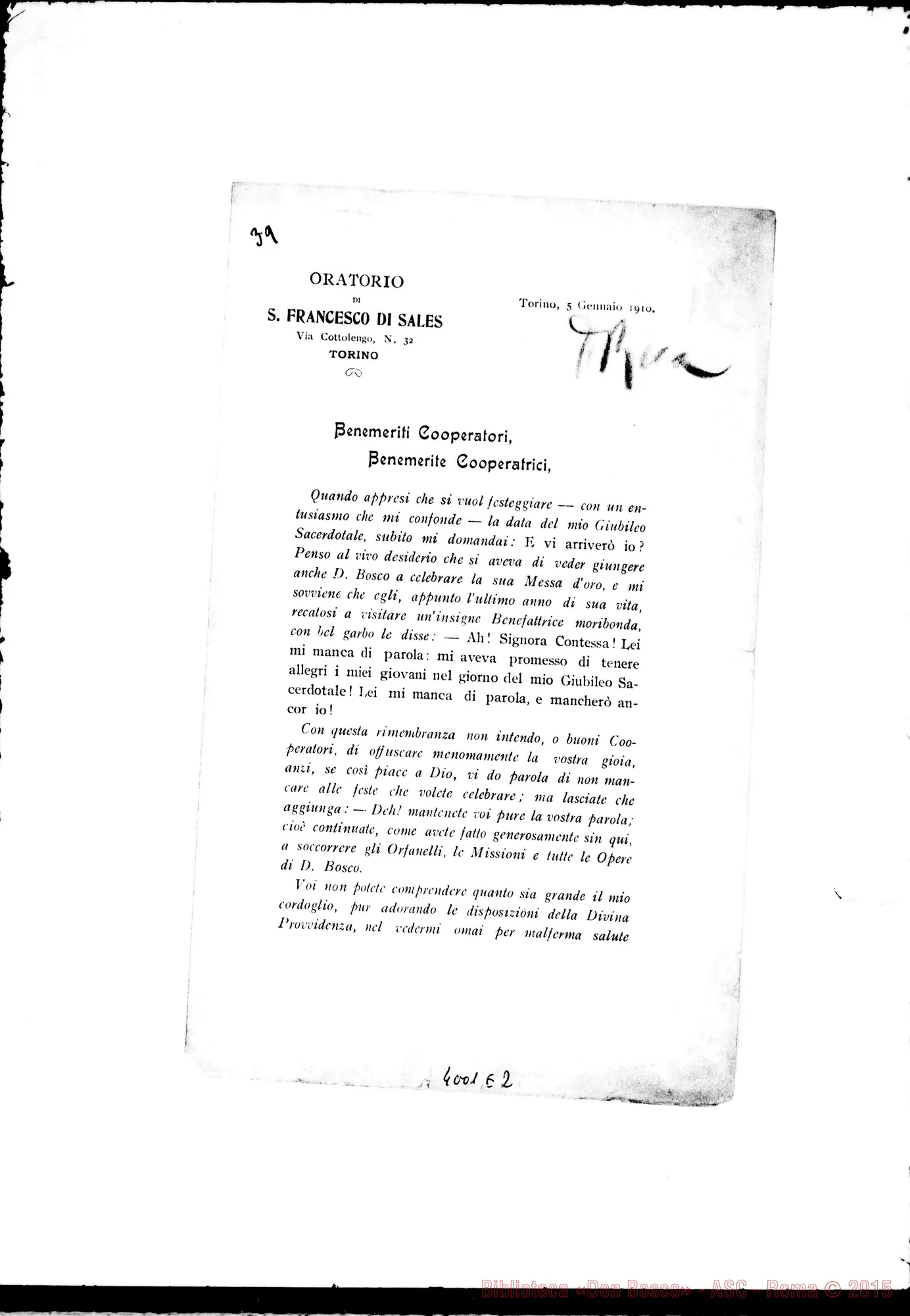Fotogramma E 2 — 5-01-1910: Sul suo Giubileo Sacerdotale: «E vi arriverò io?». Stampato