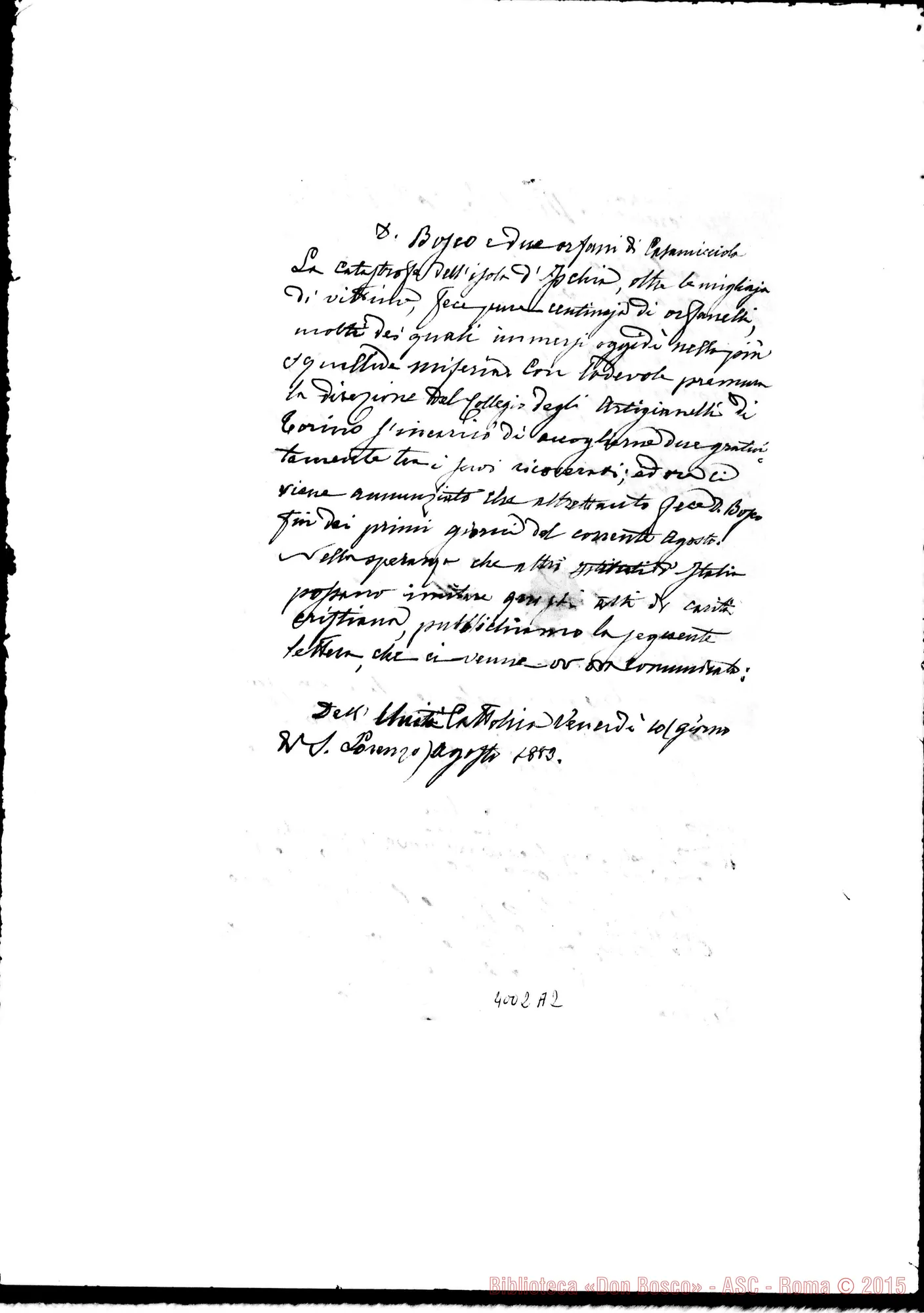 Fotogramma A 2 — Don Bosco-Can. Vogliotti, vie. gen. Torino, 4-08-1883. Ms. autogr. Bosco
