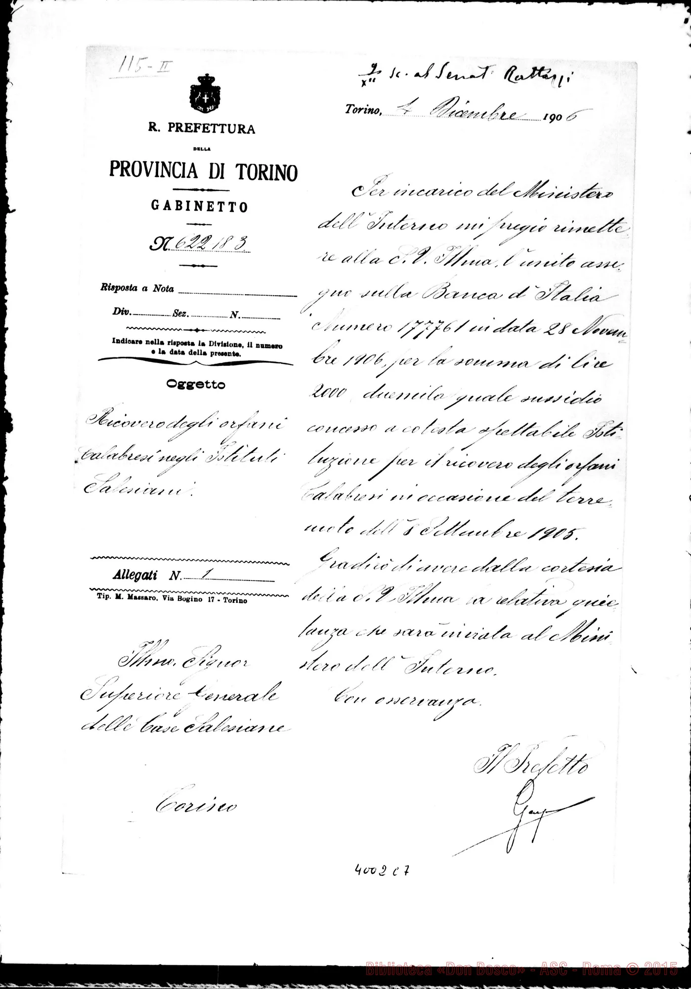 Fotogramma C 7 — Prefetto di Torino-Don Rua. Torino, 4-12-1906. Autogr. Rua