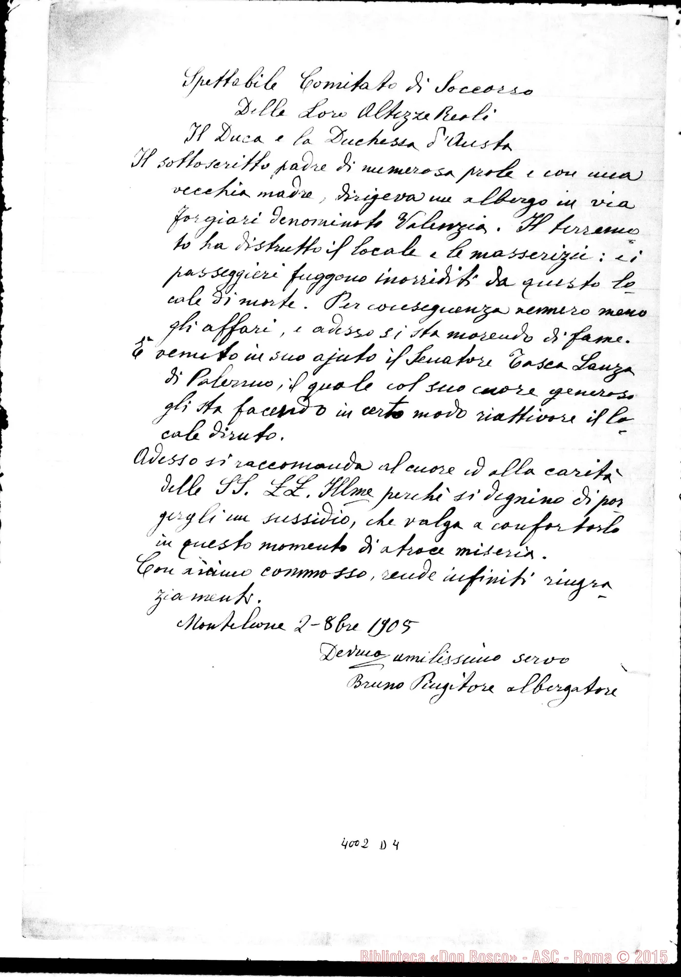 Fotogramma D 4 — Bruno Pingitore, albergatore-Comitato di Soccorso. Monteleone, 2-10-1905
