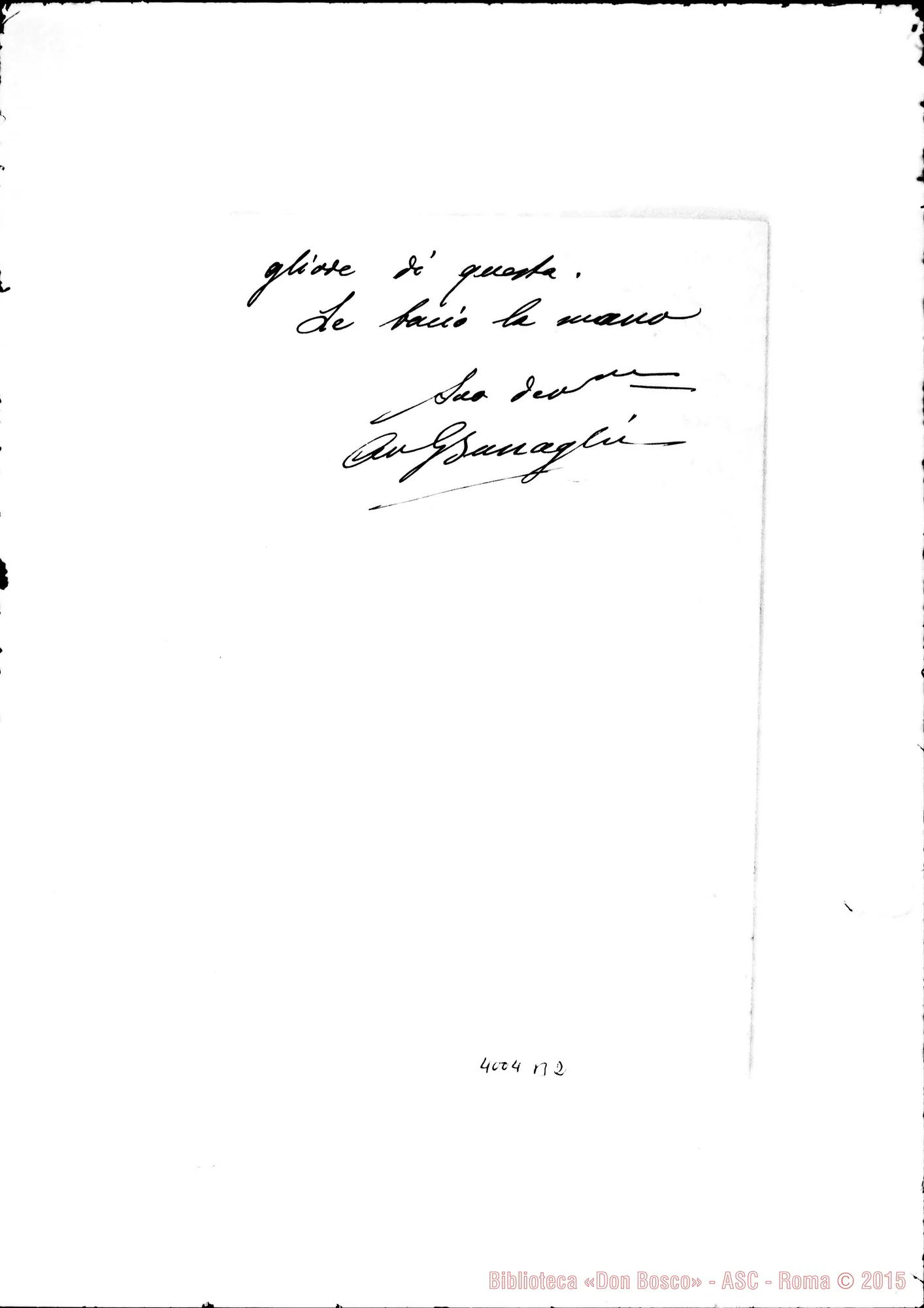Fotogramma B 2 — Avv. Giuseppe Buscaglia-Don Rua. Savona, 5-01-1909. Autogr. Rua
