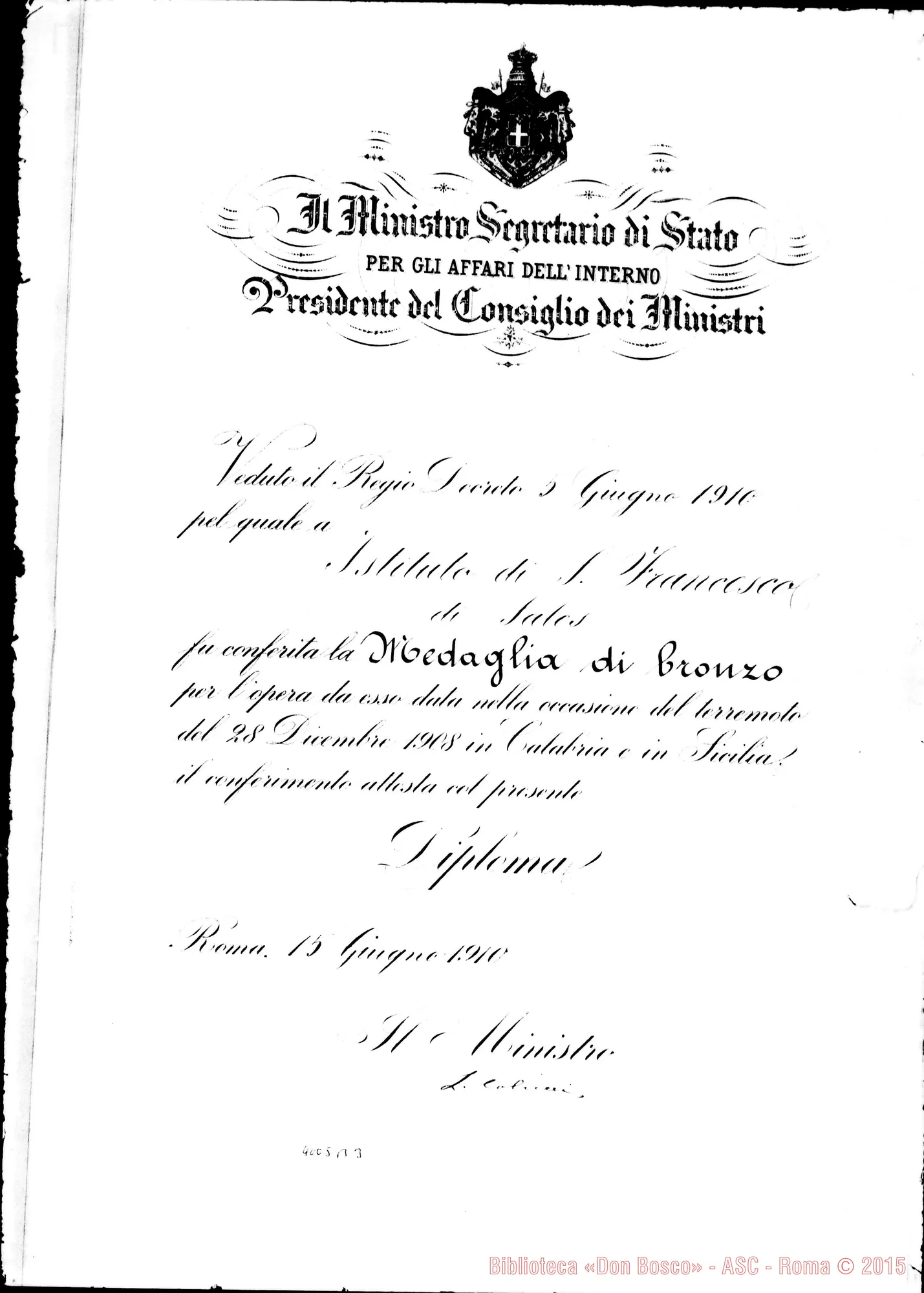 Fotogramma B 3 — Municipio di Torino-Don Albera: Diploma di benemerenza, il 18-10-1911