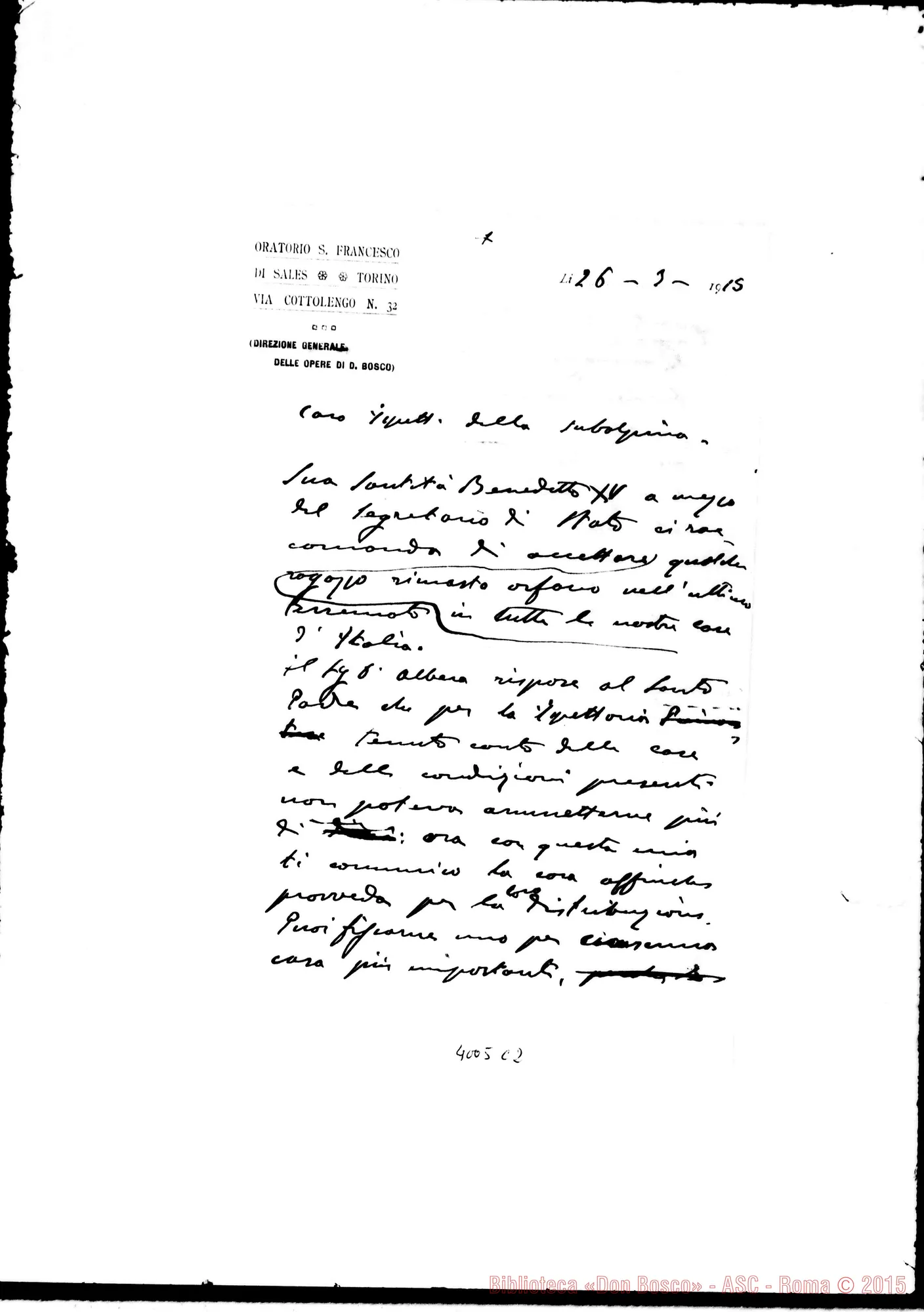 Fotogramma C 2 — Don Rinaldi-Ispettore della Subalpina. Torino, 26-03-1915. Minuta ms. autogr. Rinaldi
