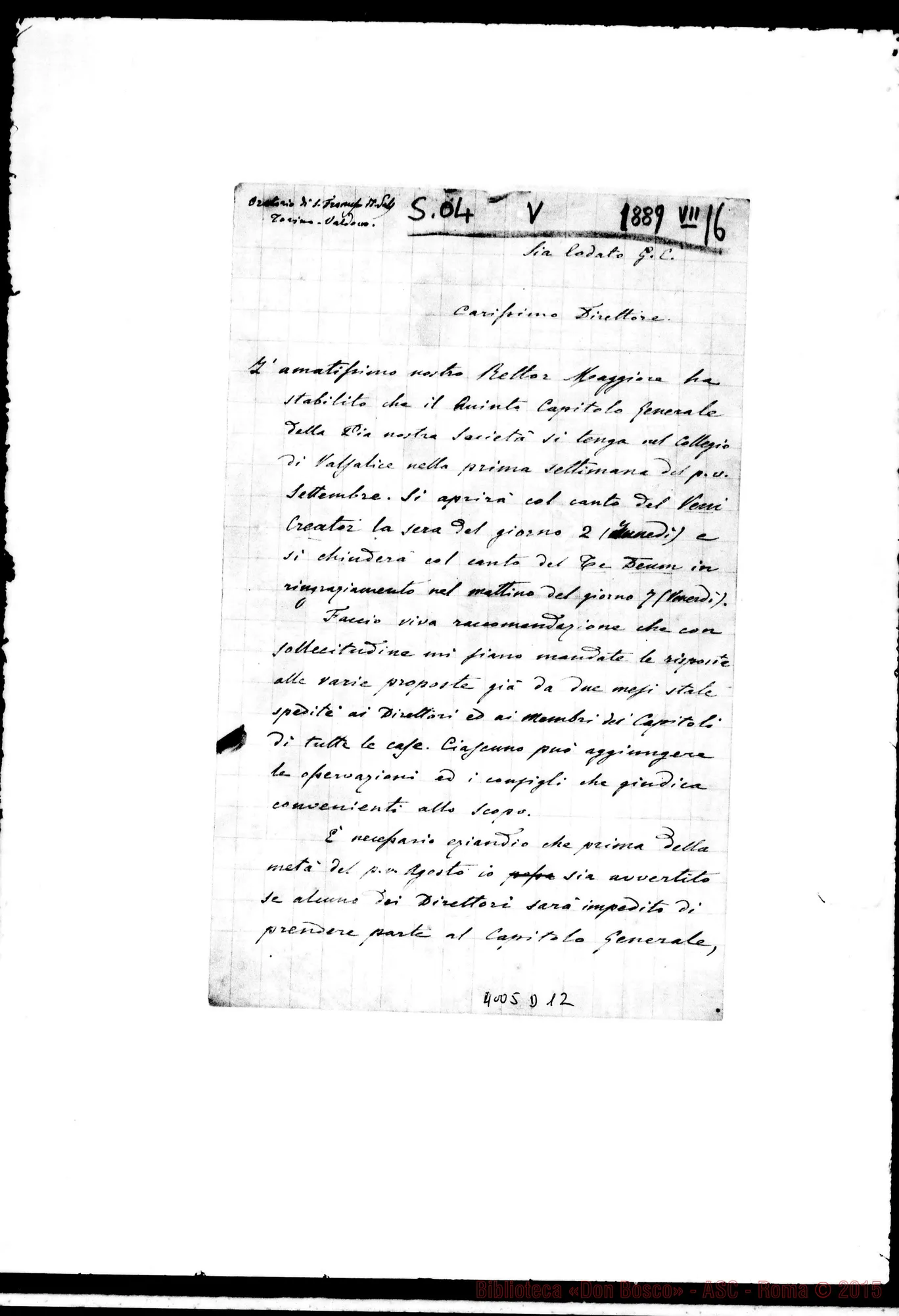 Fotogramma D 12 — Don Durando, regolatore-Direttori. Luglio, 16 del 1889. Ms. E stampato