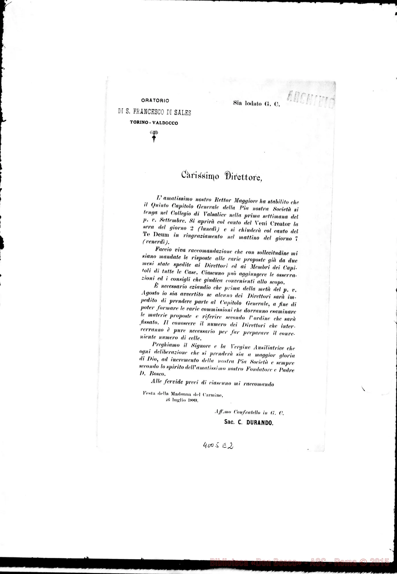 Fotogramma E 2 — Don Durando, regolatore-Direttori. Luglio, 16 del 1889. Ms. E stampato