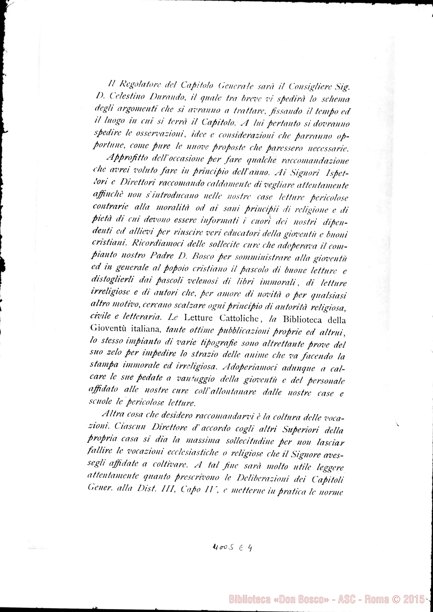 Fotogramma E 4 — Don Rua-Direttore. Circolare per convocazione del Capitolo. Stampato