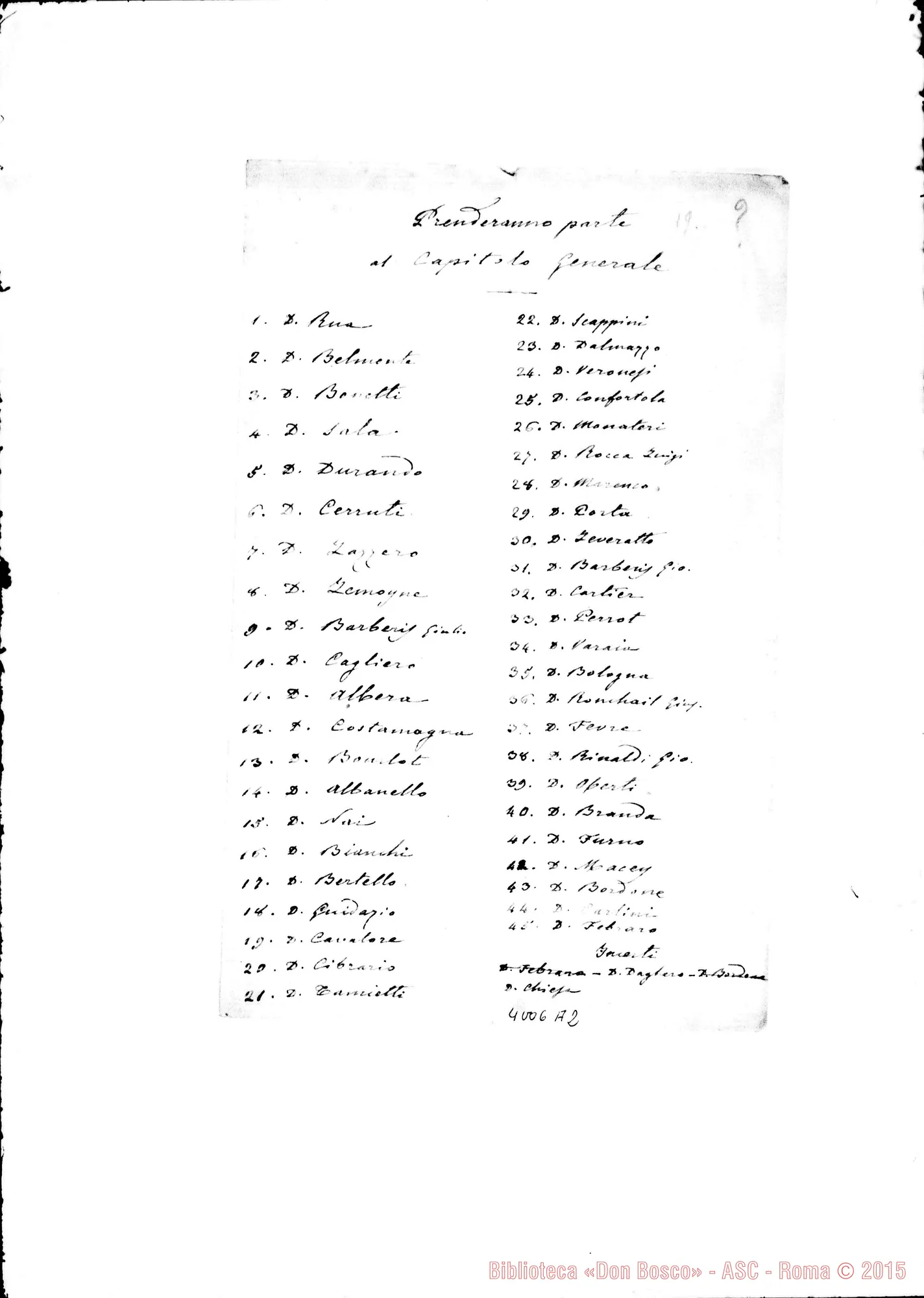 Fotogramma A 2 — «Prenderanno parte al Capitolo». Ms. di D. Durando