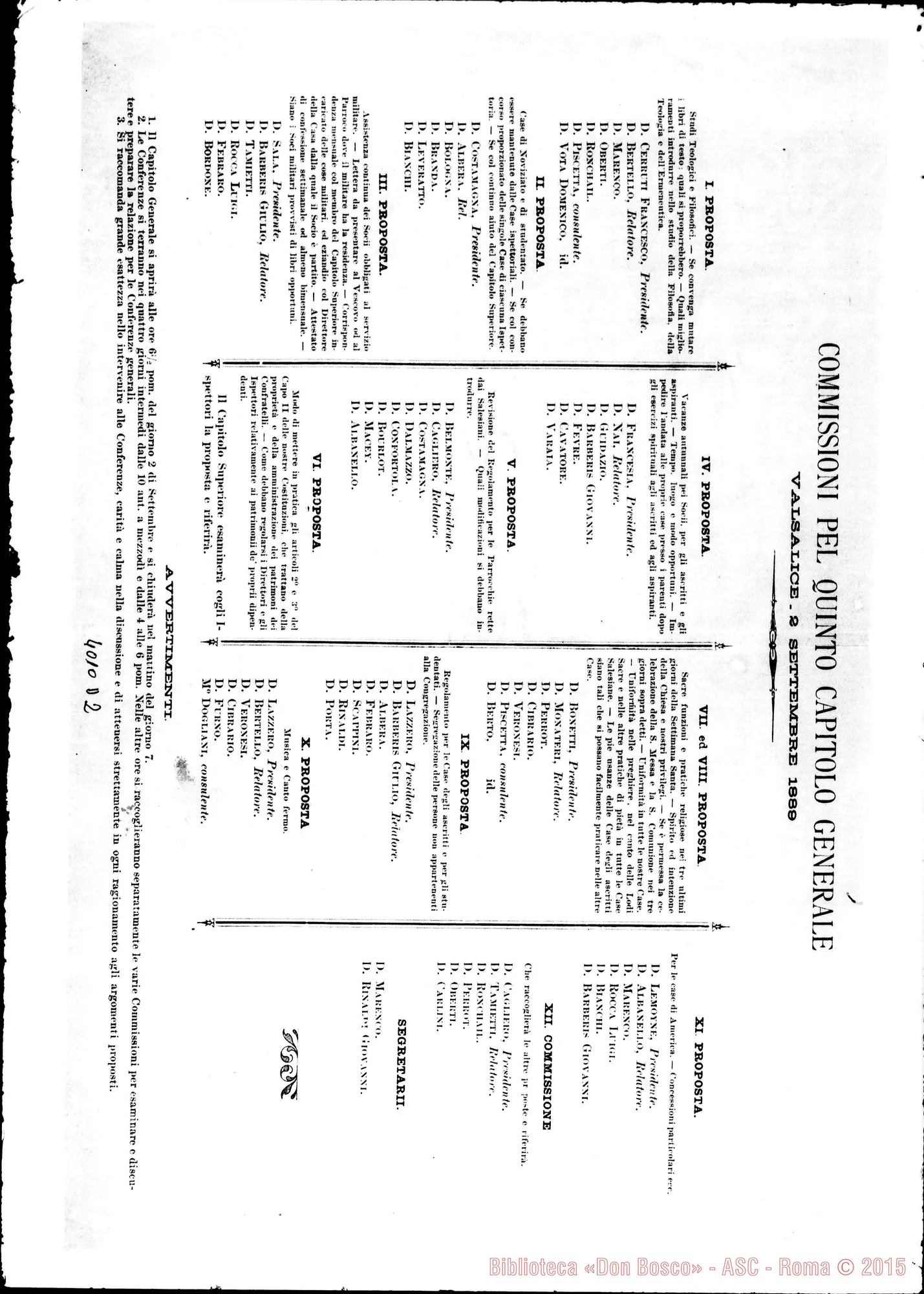Fotogramma D 2 — Commissioni pel V Capitolo Generale. Stampato E ms. di D. Durando con correz. autogr. Rua
