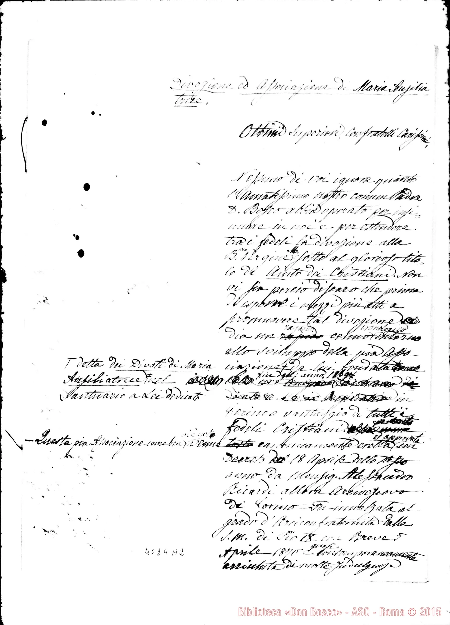 Fotogramma A 2 — Relazione sulla devozione A Maria Ausiliatrice. Minuta E bella copia. Ms. di D. Berto
