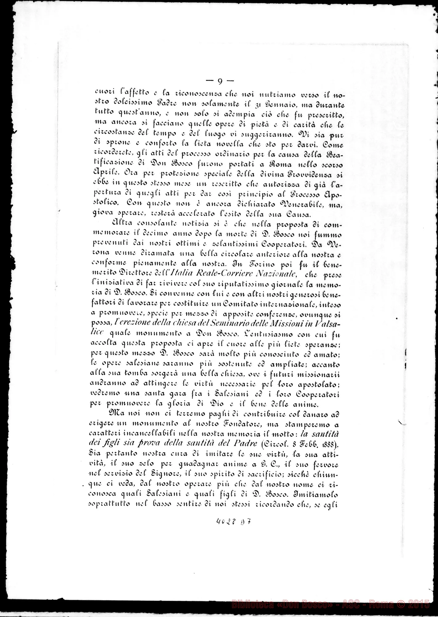 Fotogramma D 7 — Convocazione del Capitolo. Circolare di D. Rua, il 20-01-1898. Stampato