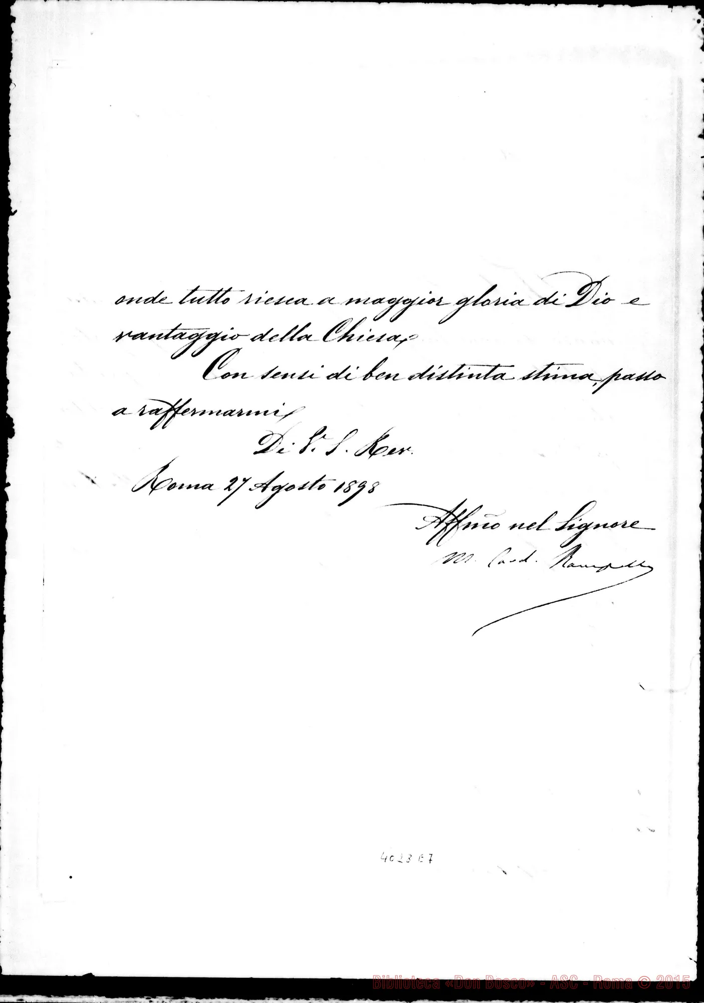 Fotogramma E 7 — Card. Rampolla-Don Cagliero Cesare. Roma, 27-08-1898. Benedizione del Papa