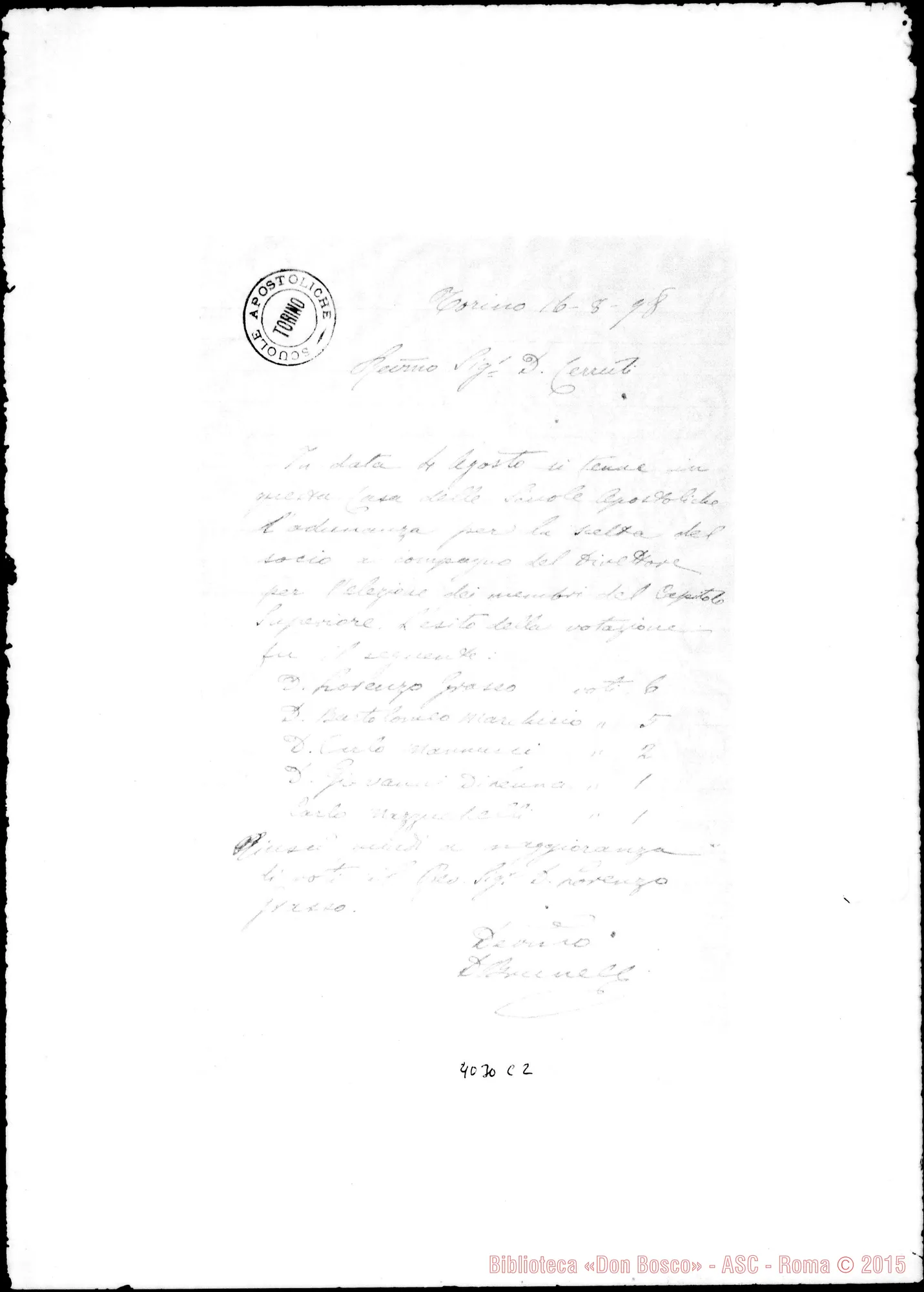 Fotogramma C 2 — Elezione dei delegati delle Case per il Capitolo Generale: lettere A D. Cerruti in ordine alfabetico