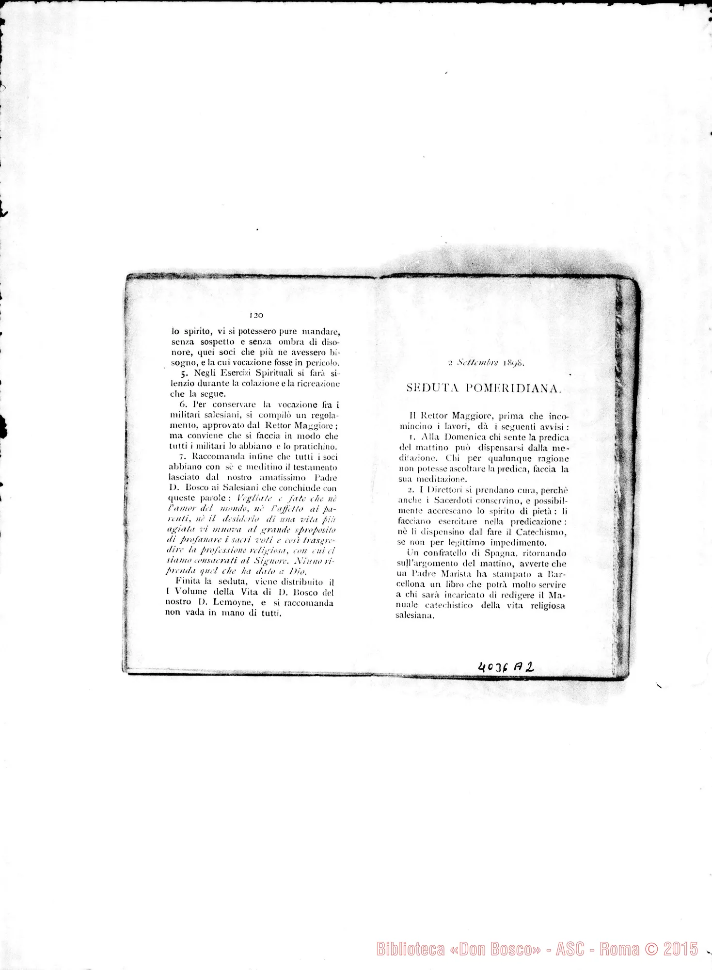 Fotogramma A 2 — Atti e Deliberazioni dell’VIII Capitolo Generale. Stampato. S. Benigno C., 1899