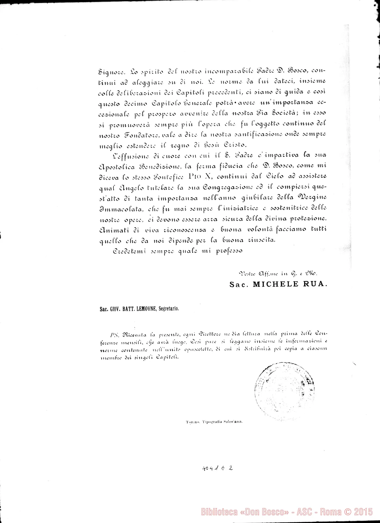 Fotogramma E 2 — Don Rua-Carissimi Figli. Torino, 6-01-1904. Stampato. Convoca Capitolo