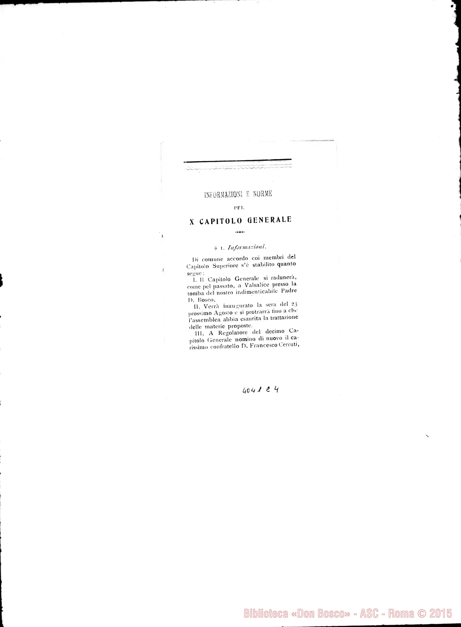 Fotogramma E 4 — Don Rua: Informazioni E norme per il X Capitolo Generale. Stampato. Torino, 1904