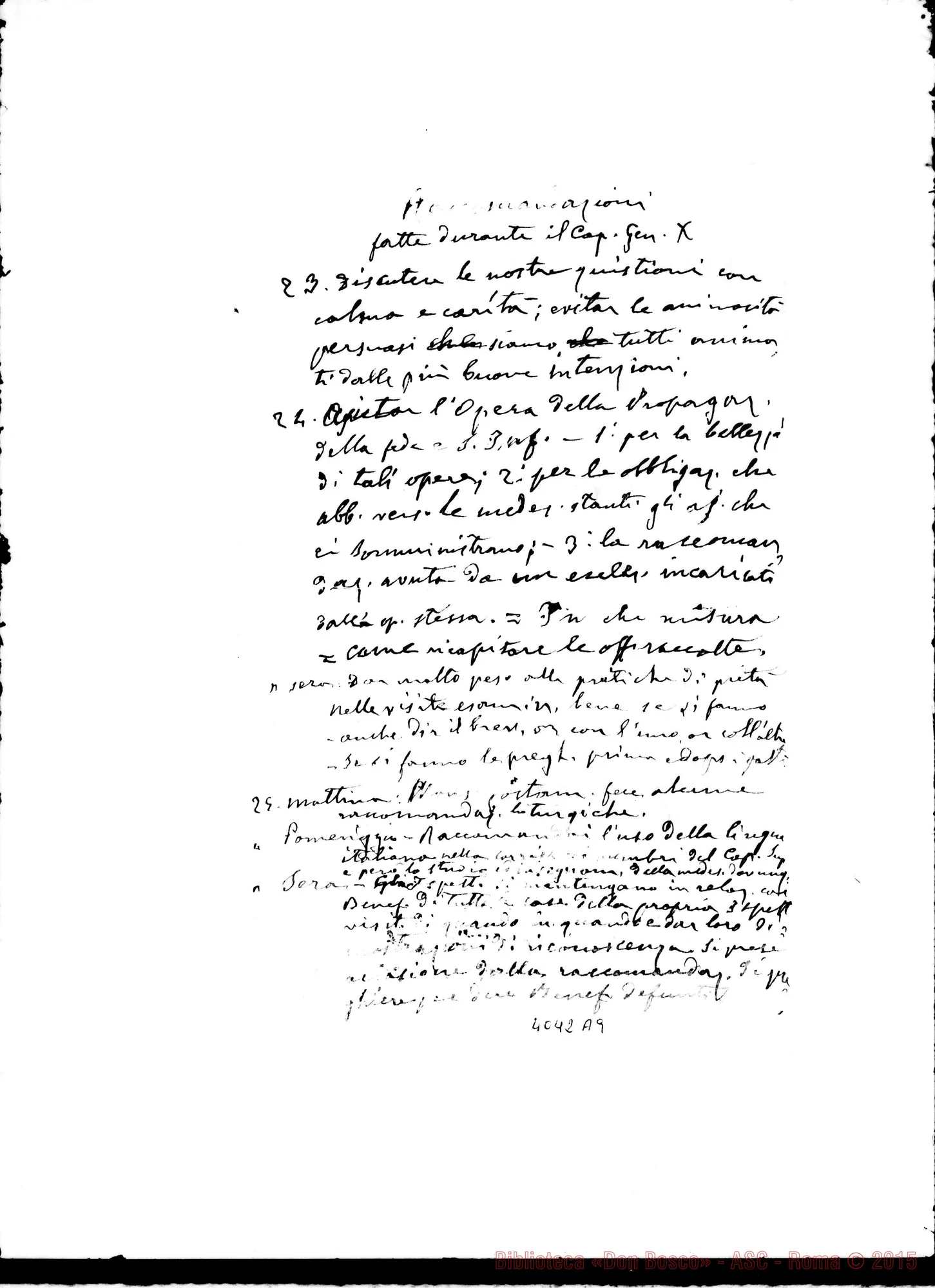 Fotogramma A 9 — Raccomandazioni fatte durante il Capitolo Generale X. Ms. autogr. Rua