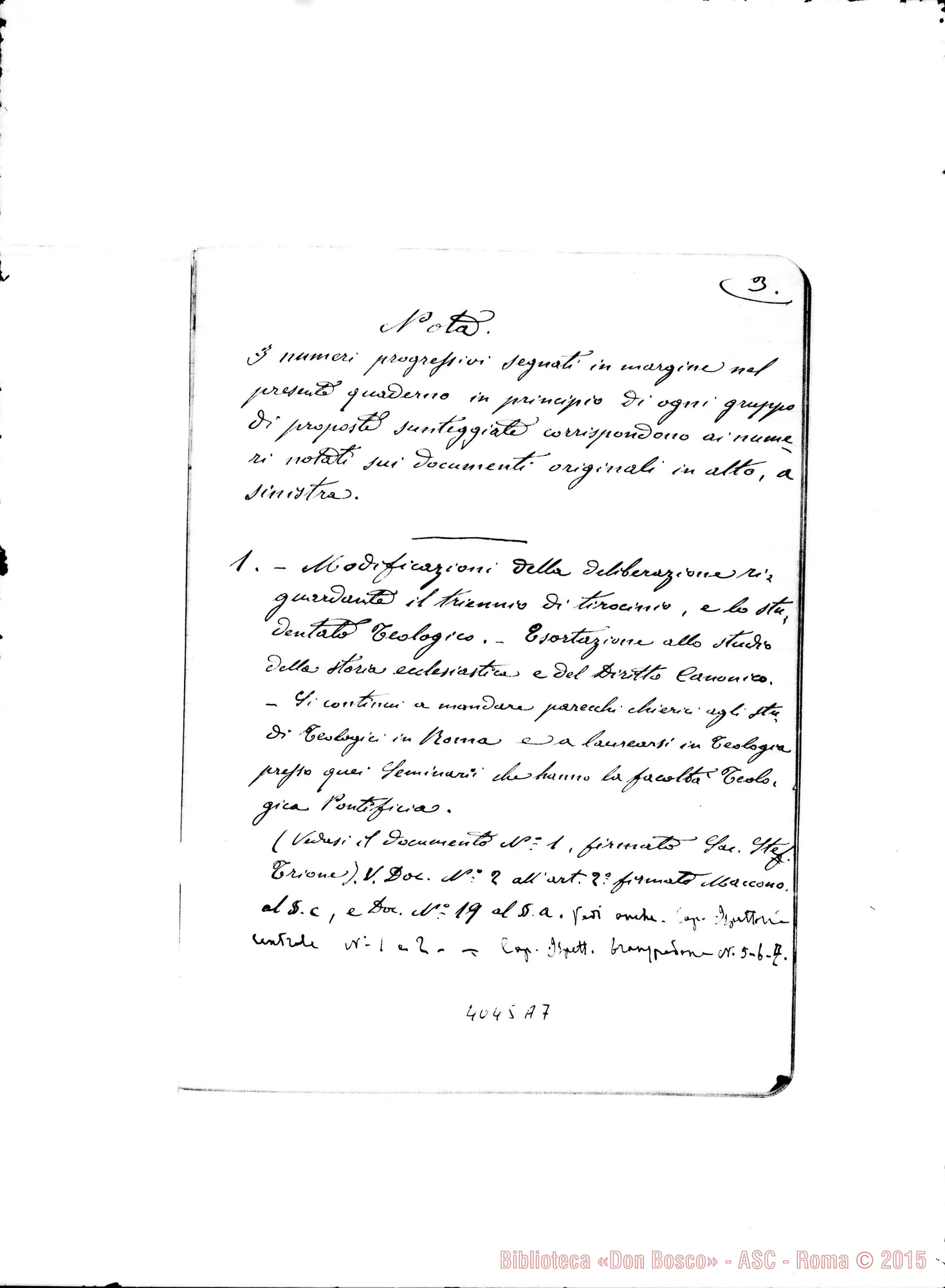 Fotogramma A 7 — Sunto delle proposte presentate dai confratelli, con commenti o risposte di D. Bertello. Quaderno ms.
