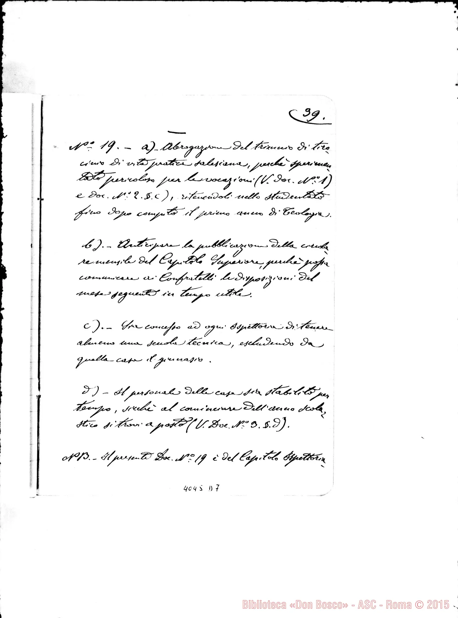 Fotogramma D 7 — Sunto delle proposte presentate dai confratelli, con commenti o risposte di D. Bertello. Quaderno ms.