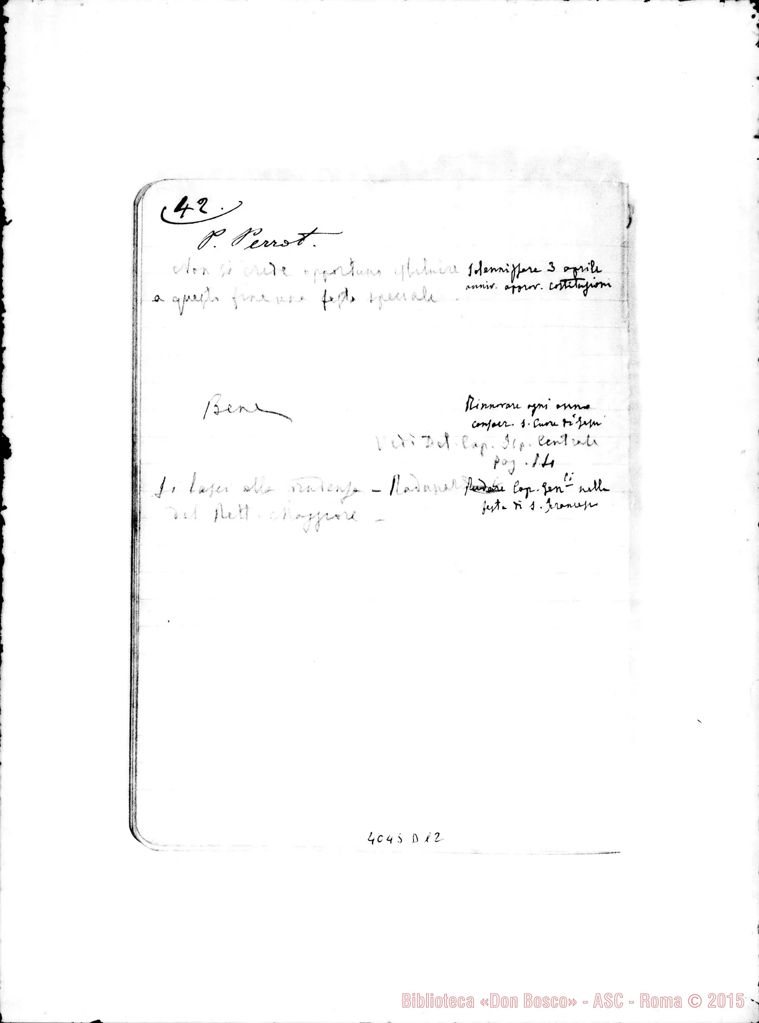 Fotogramma D 12 — Sunto delle proposte presentate dai confratelli, con commenti o risposte di D. Bertello. Quaderno ms.