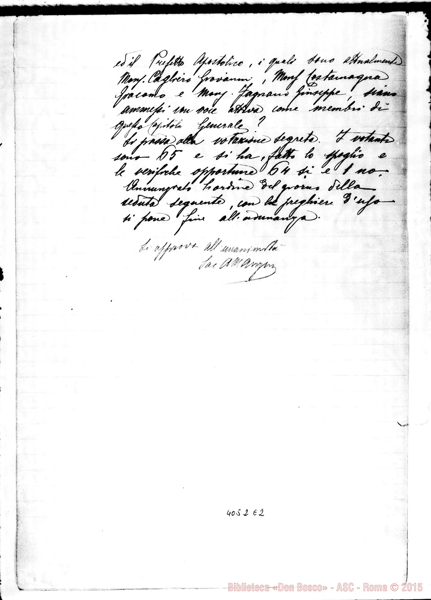 Fotogramma E 2 — Processi verbali del X Capitolo generale, elaborato da D. Anzini, con firme dei Capitolari