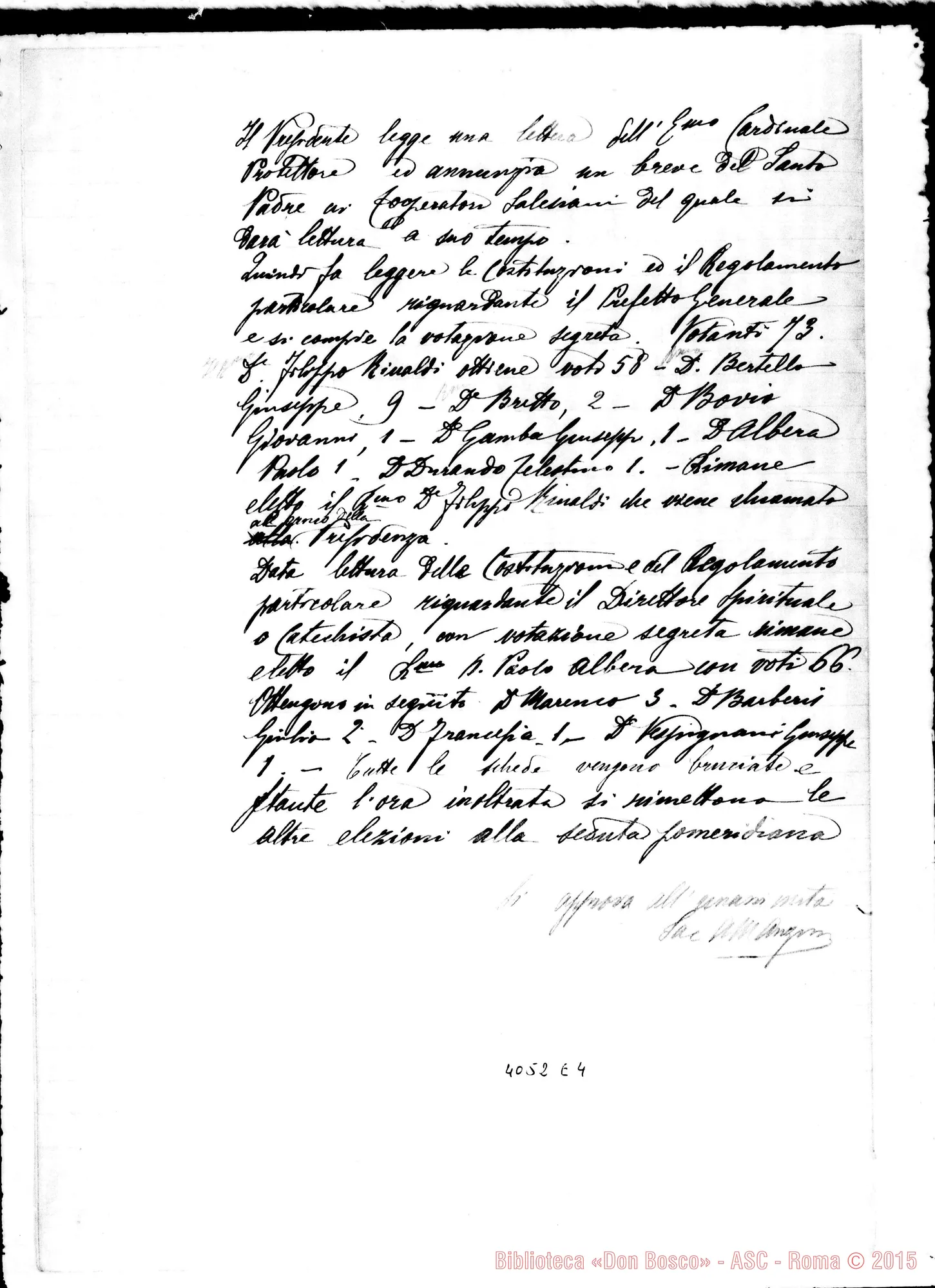 Fotogramma E 4 — Processi verbali del X Capitolo generale, elaborato da D. Anzini, con firme dei Capitolari