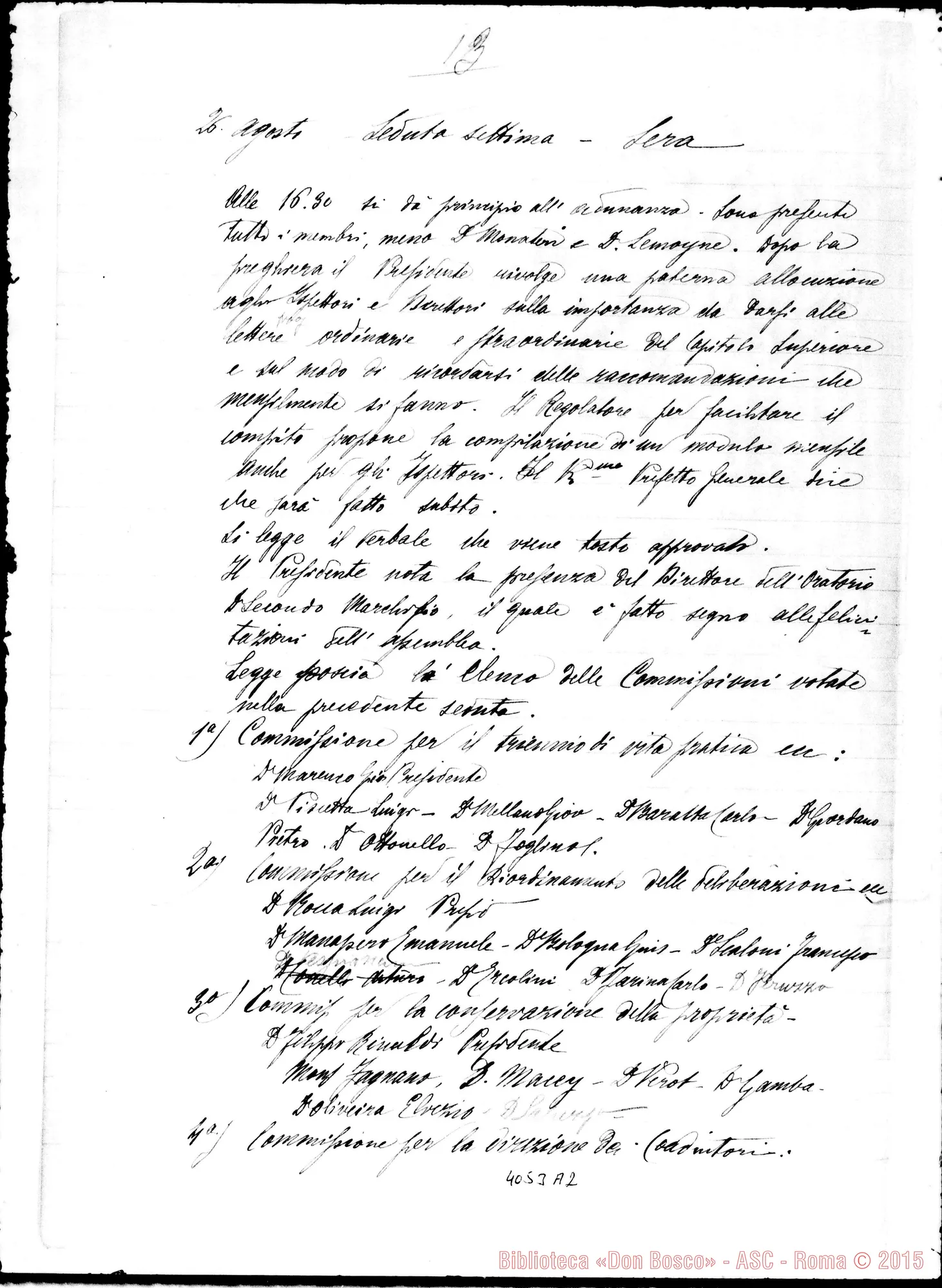 Fotogramma A 2 — Processi verbali del X Capitolo generale, elaborato da D. Anzini, con firme dei Capitolari