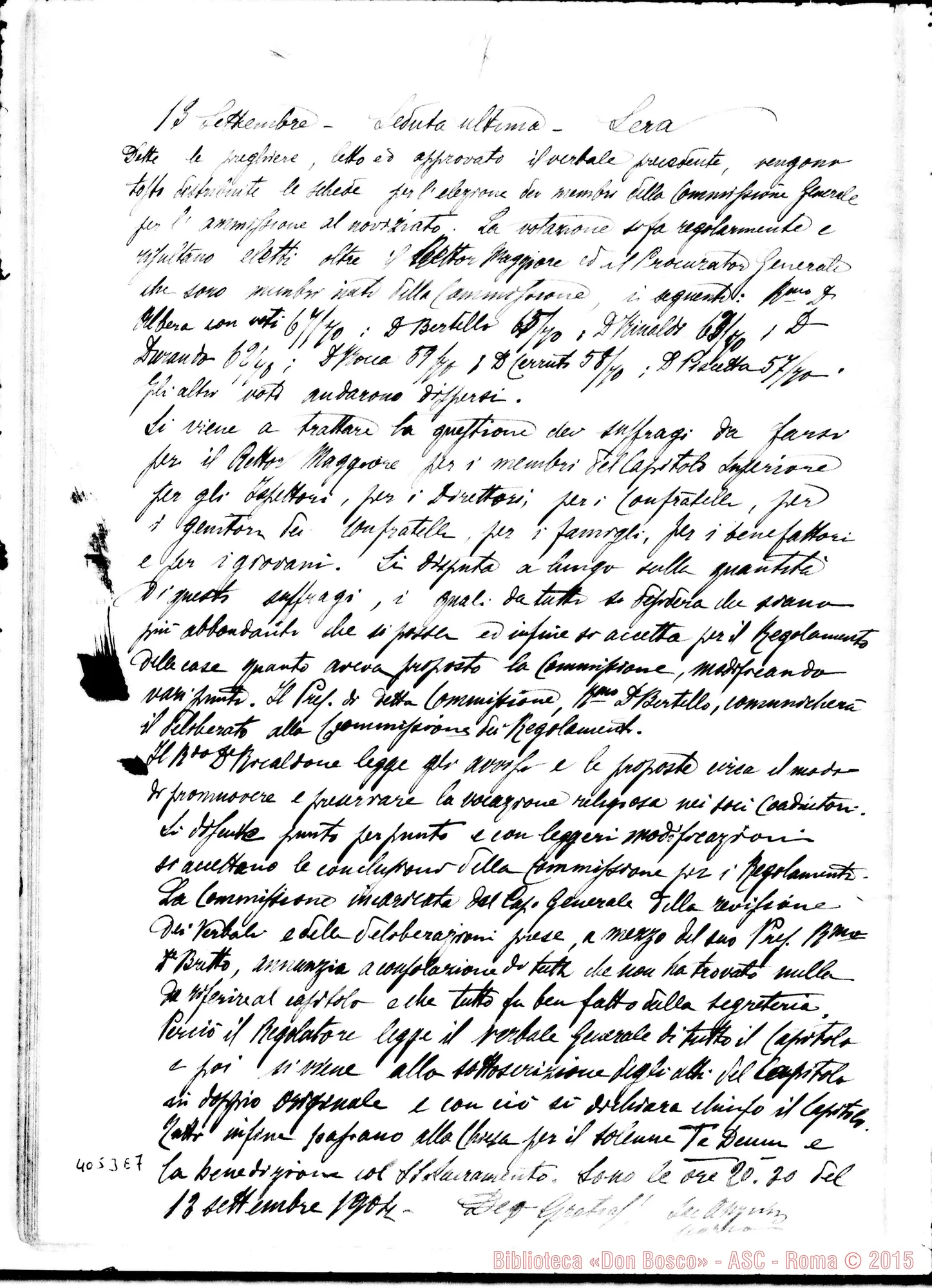 Fotogramma E 7 — Processi verbali del X Capitolo generale, elaborato da D. Anzini, con firme dei Capitolari