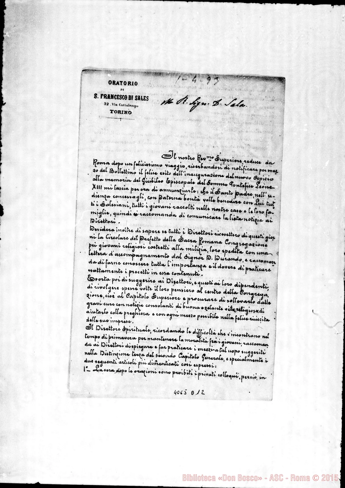 Fotogramma D 12 — Anno 1893: Circolari di D. Belmonte dei mesi di gennaio, febbraio, aprile (2), maggio, giugno, agosto, ottobre, novembre, dicembre (2, una di D. Albera). Ms. e Omeotipia