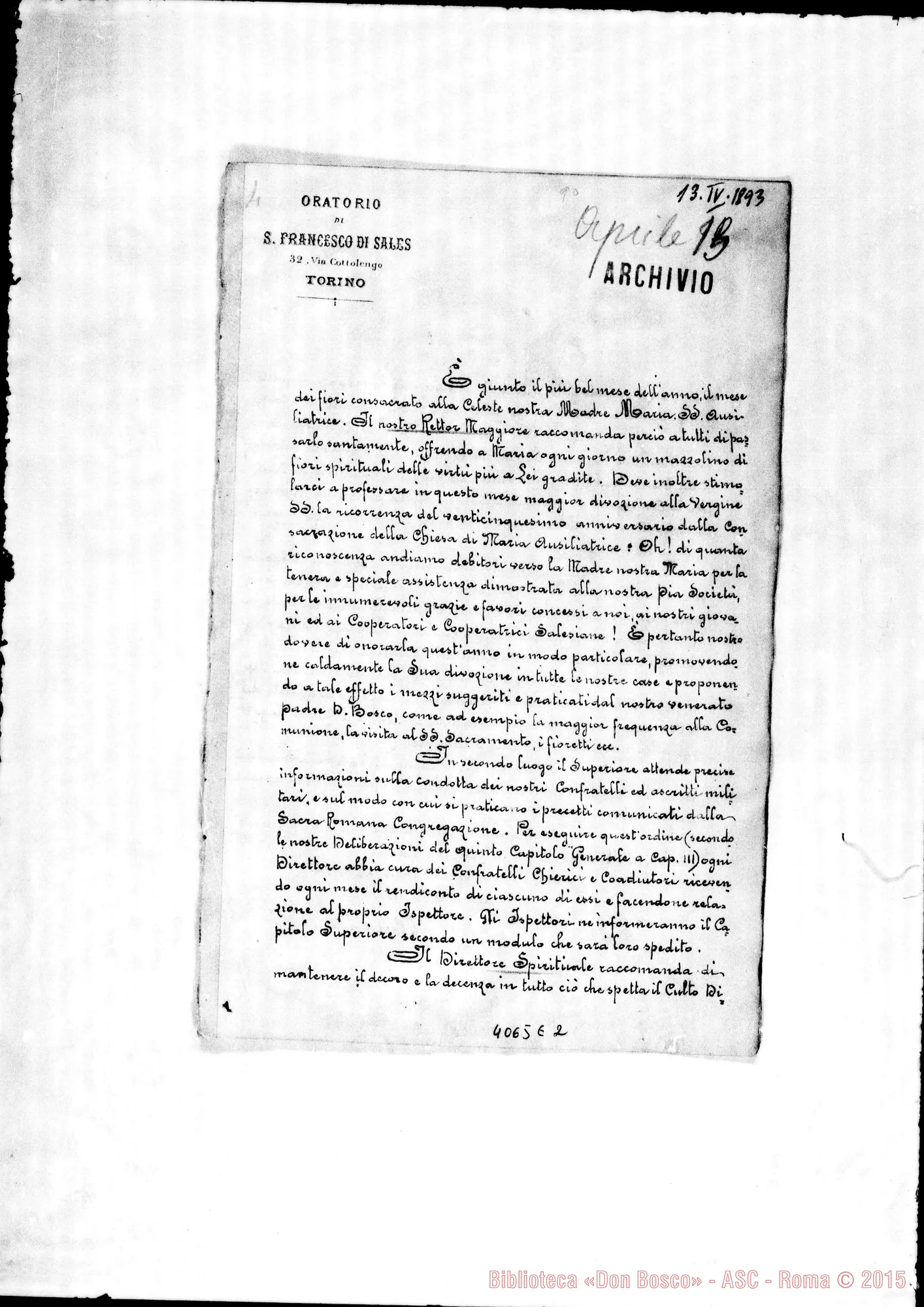 Fotogramma E 2 — Anno 1893: Circolari di D. Belmonte dei mesi di gennaio, febbraio, aprile (2), maggio, giugno, agosto, ottobre, novembre, dicembre (2, una di D. Albera). Ms. e Omeotipia