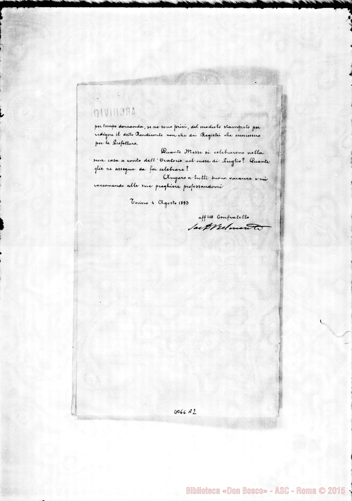 Fotogramma A 2 — Anno 1893: Circolari di D. Belmonte dei mesi di gennaio, febbraio, aprile (2), maggio, giugno, agosto, ottobre, novembre, dicembre (2, una di D. Albera). Ms. e Omeotipia