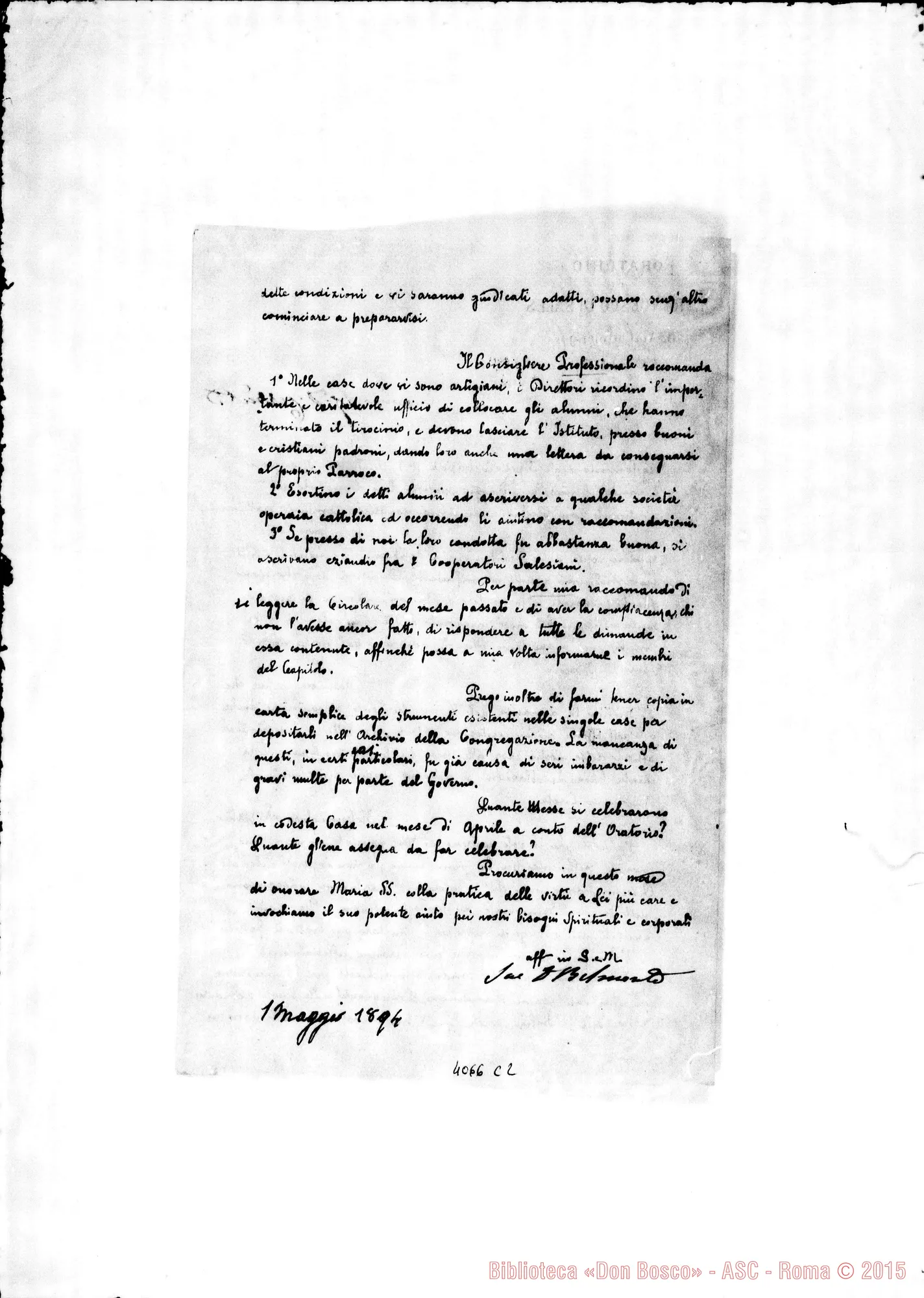 Fotogramma C 2 — Anno 1894: Circolari di Don Belmonte dei mesi di gennaio, febbraio, marzo, maggio (2), luglio, ottobre, novembre, dicembre. Omeotipia