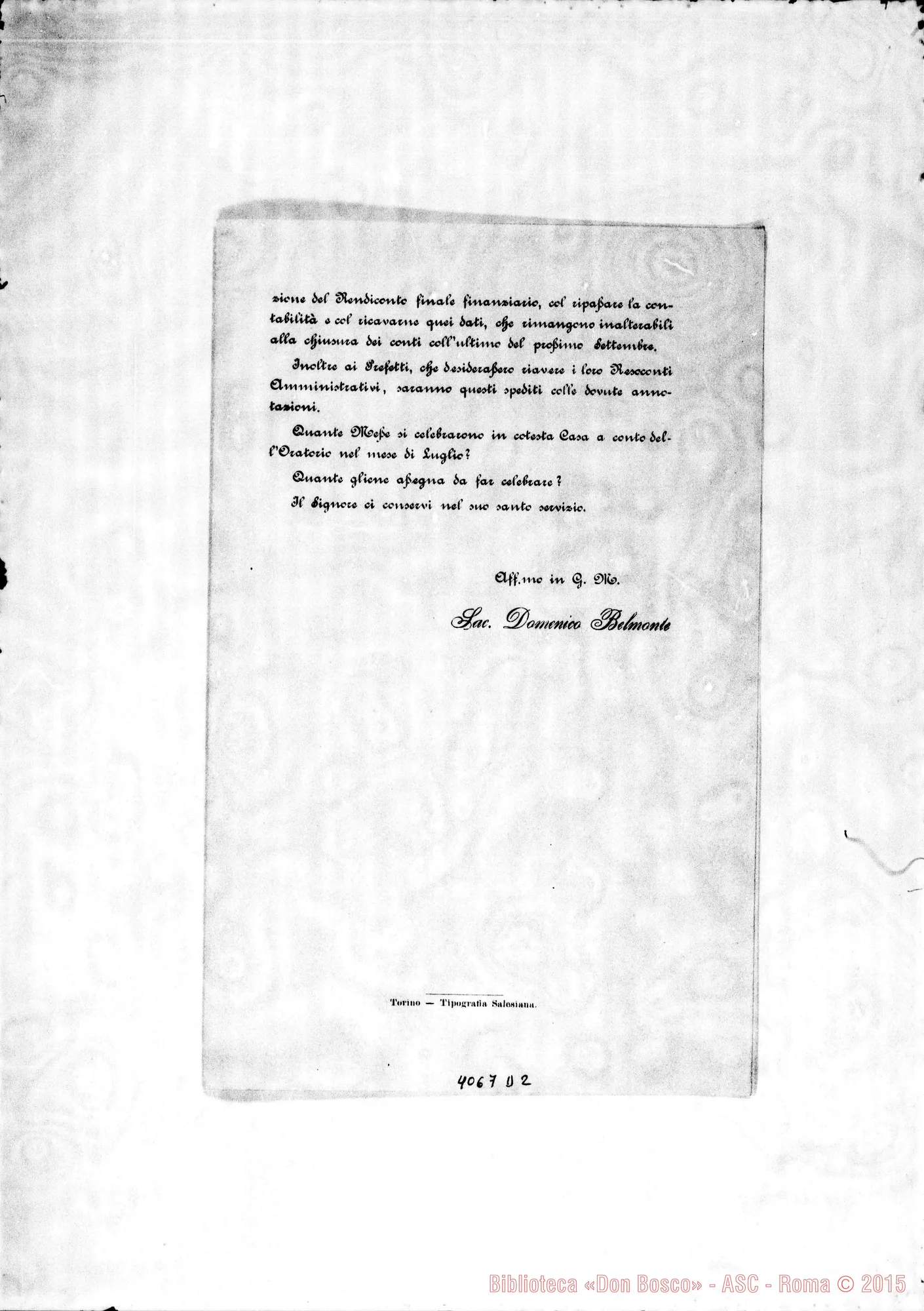 Fotogramma D 2 — Anno 1896: Circolari di Don Belmonte dei mesi di febbraio, marzo, aprile, maggio, giugno, luglio, ottobre, novembre. Stampate