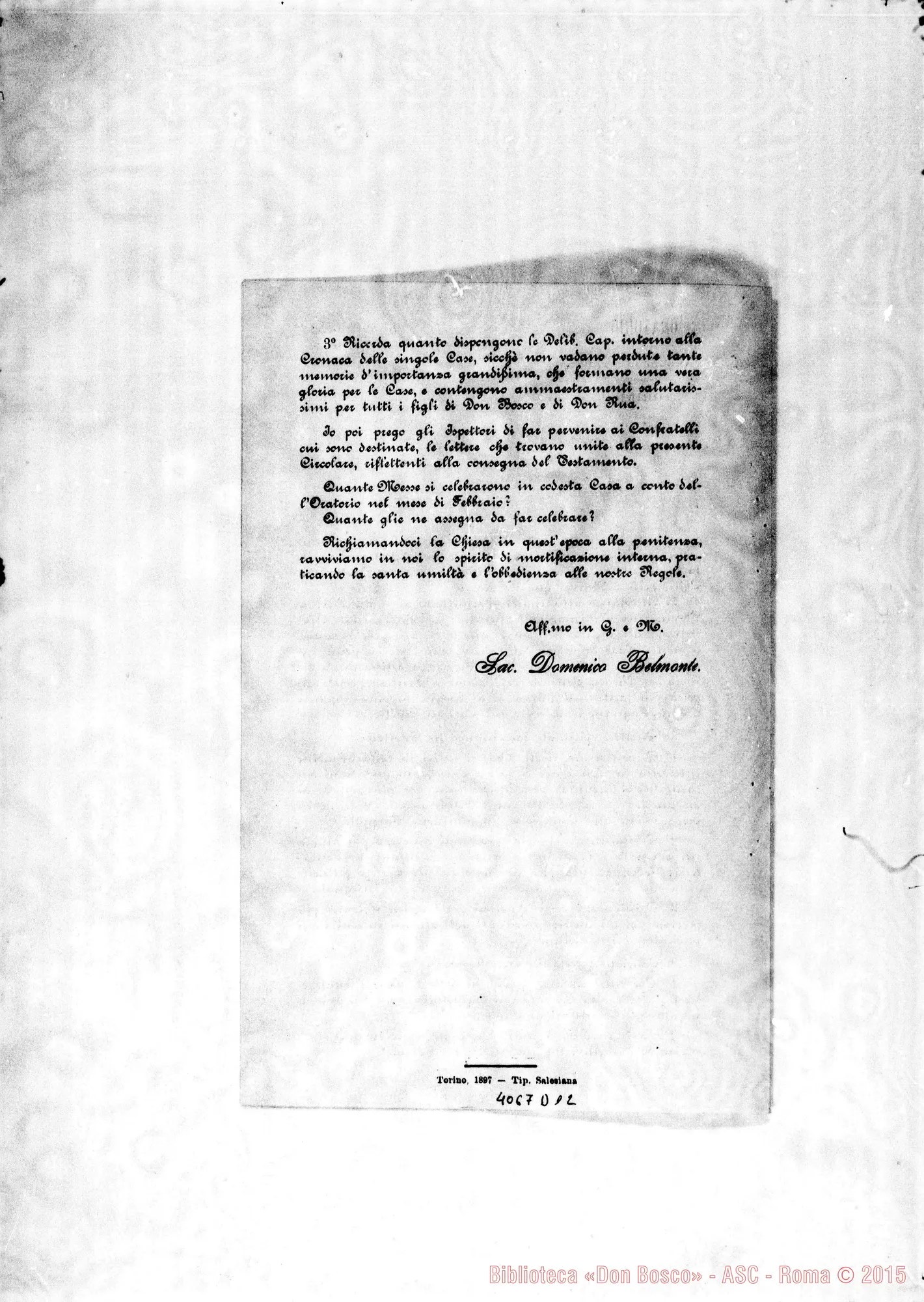 Fotogramma D 12 — Anno 1897: Circolari di Don Belmonte dei mesi di gennaio, febbraio, marzo, aprile, maggio, giugno, luglio, settembre, ottobre, novembre, dicembre. Stampate