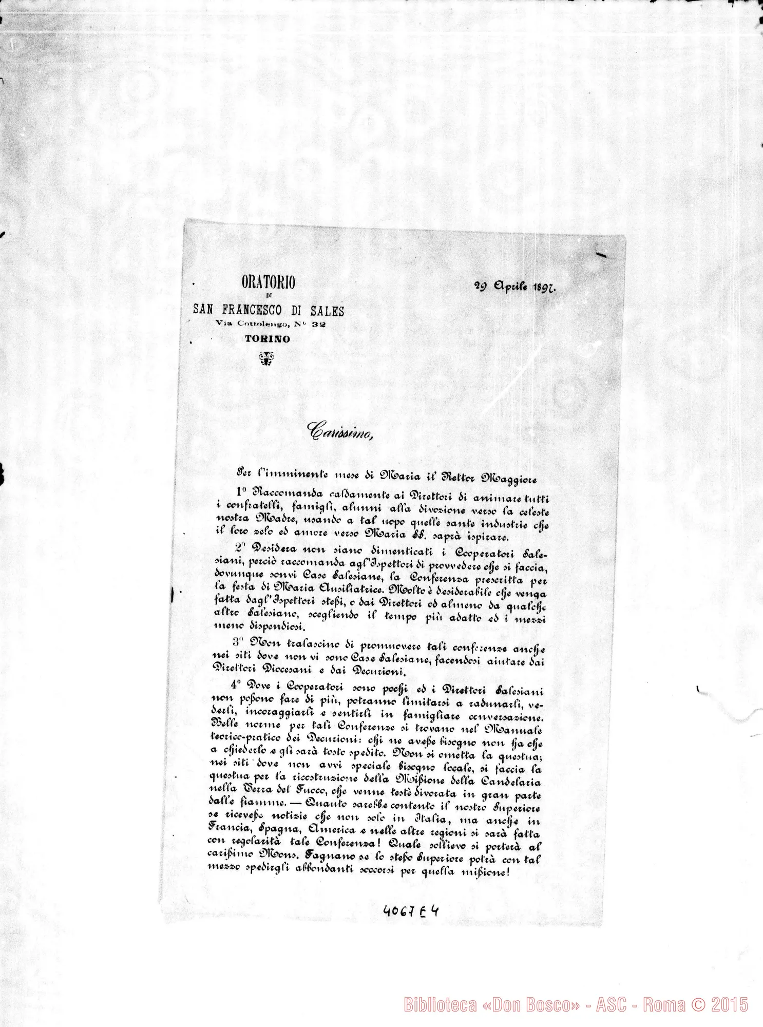 Fotogramma E 4 — Anno 1897: Circolari di Don Belmonte dei mesi di gennaio, febbraio, marzo, aprile, maggio, giugno, luglio, settembre, ottobre, novembre, dicembre. Stampate